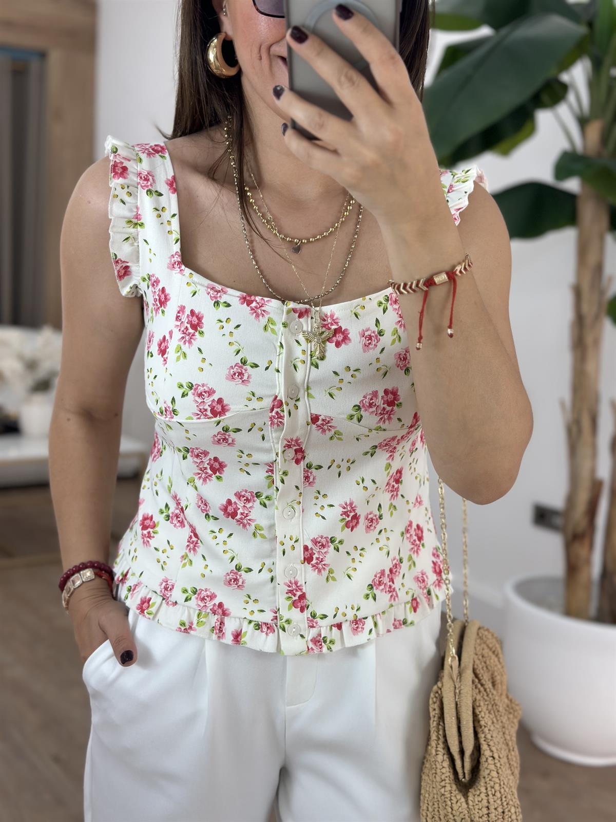 Fırfır Detaylı Çiçek Desenli Bluz 