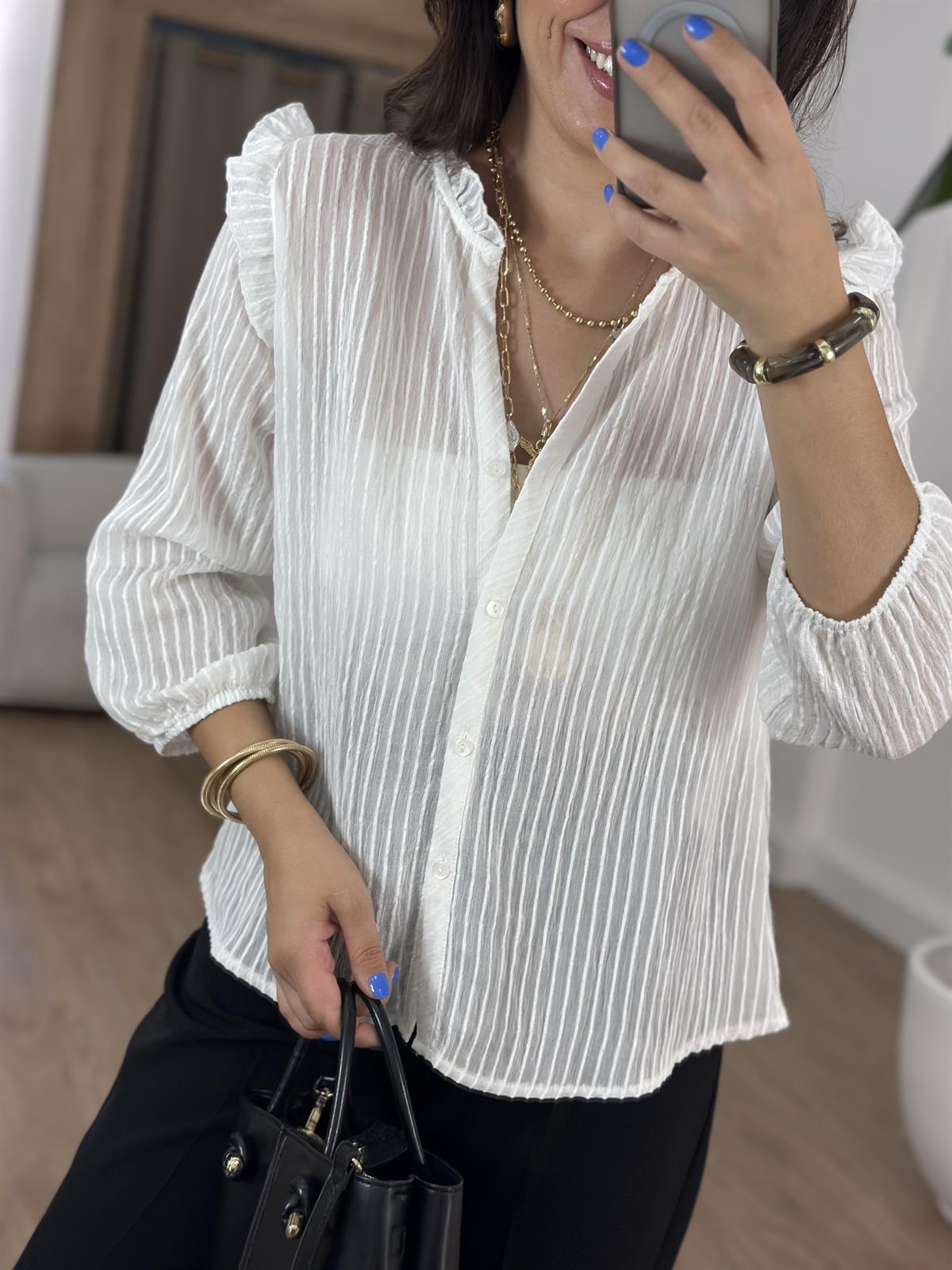 Fırfır Detaylı Çizgili Gömlek - Beyaz