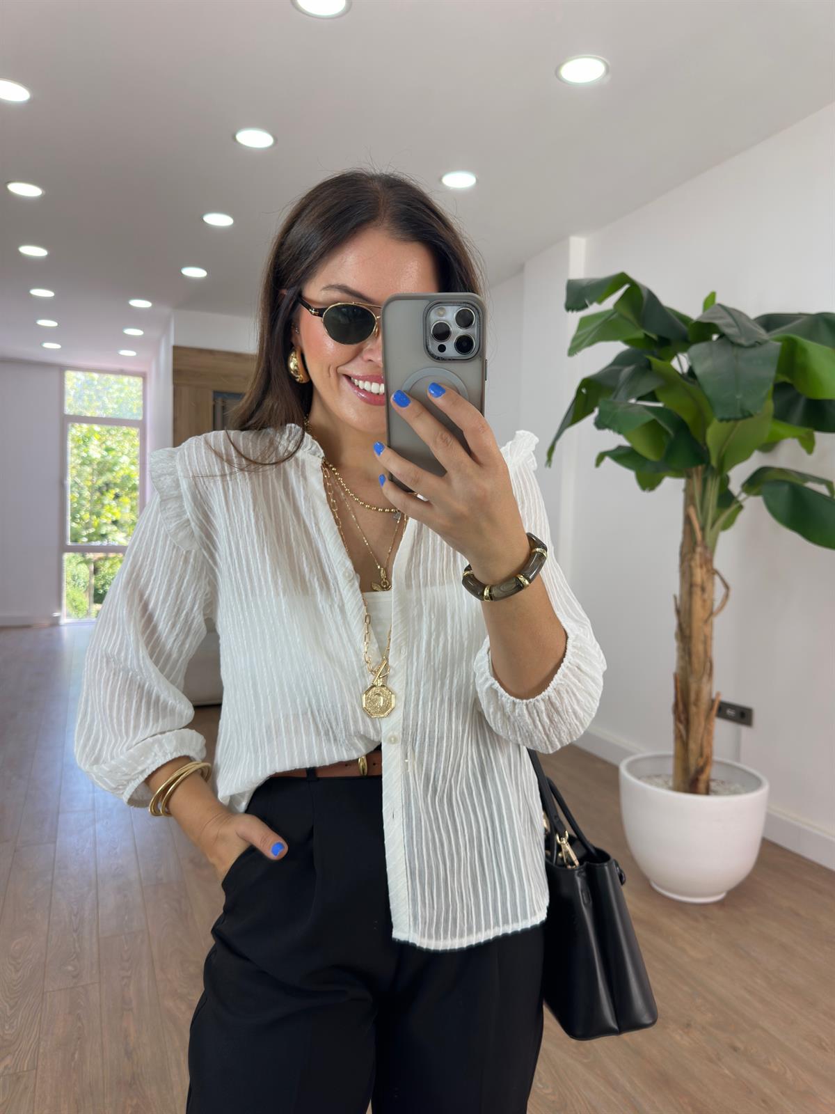 Fırfır Detaylı Çizgili Gömlek - Beyaz