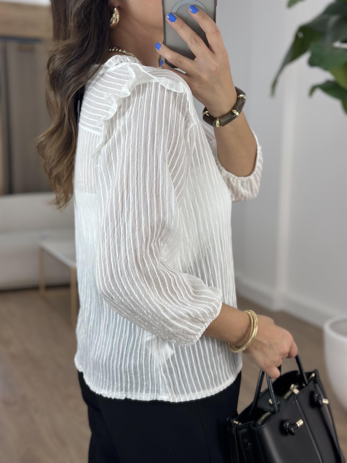 Fırfır Detaylı Çizgili Gömlek - Beyaz