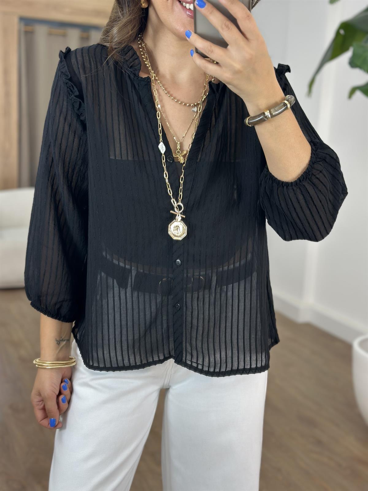 Fırfır Detaylı Çizgili Gömlek - Siyah