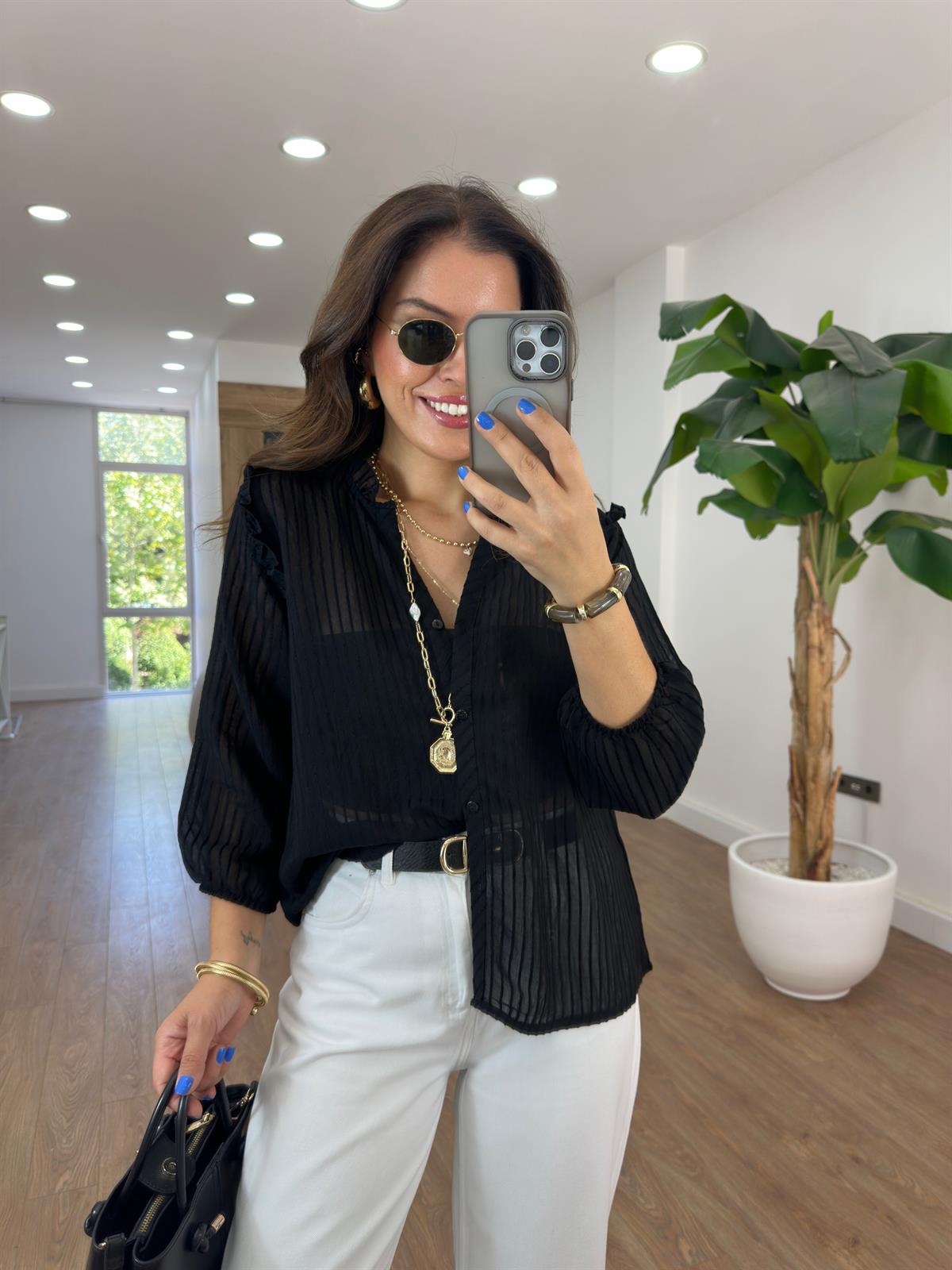 Fırfır Detaylı Çizgili Gömlek - Siyah