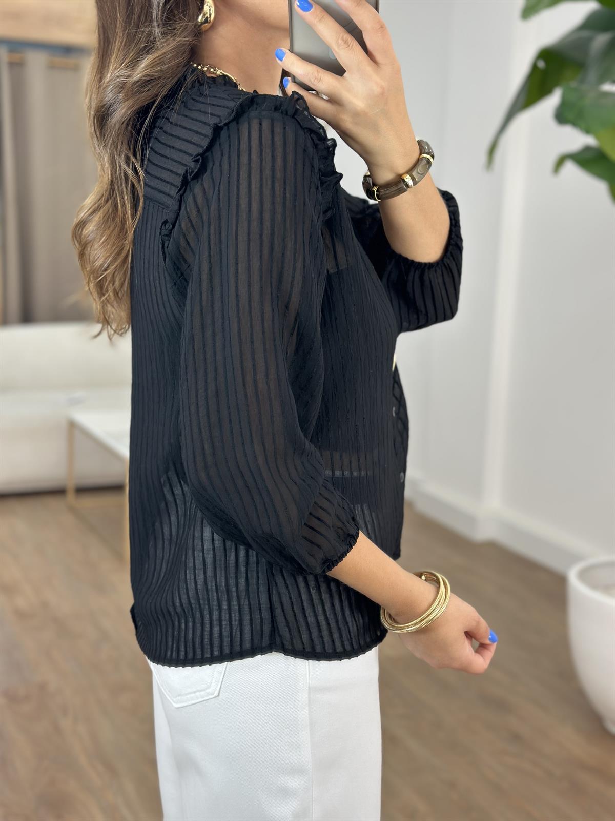 Fırfır Detaylı Çizgili Gömlek - Siyah