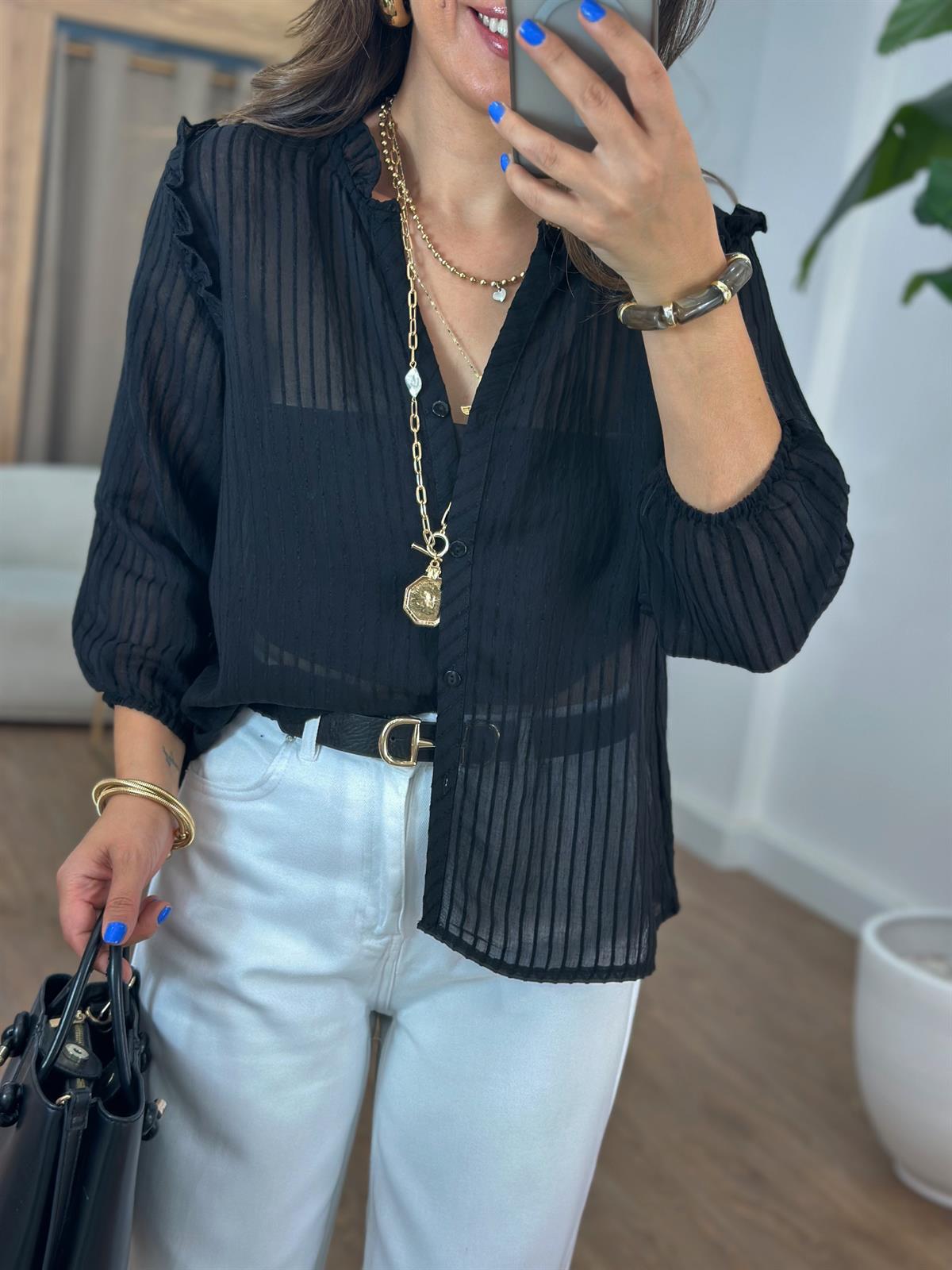 Fırfır Detaylı Çizgili Gömlek - Siyah