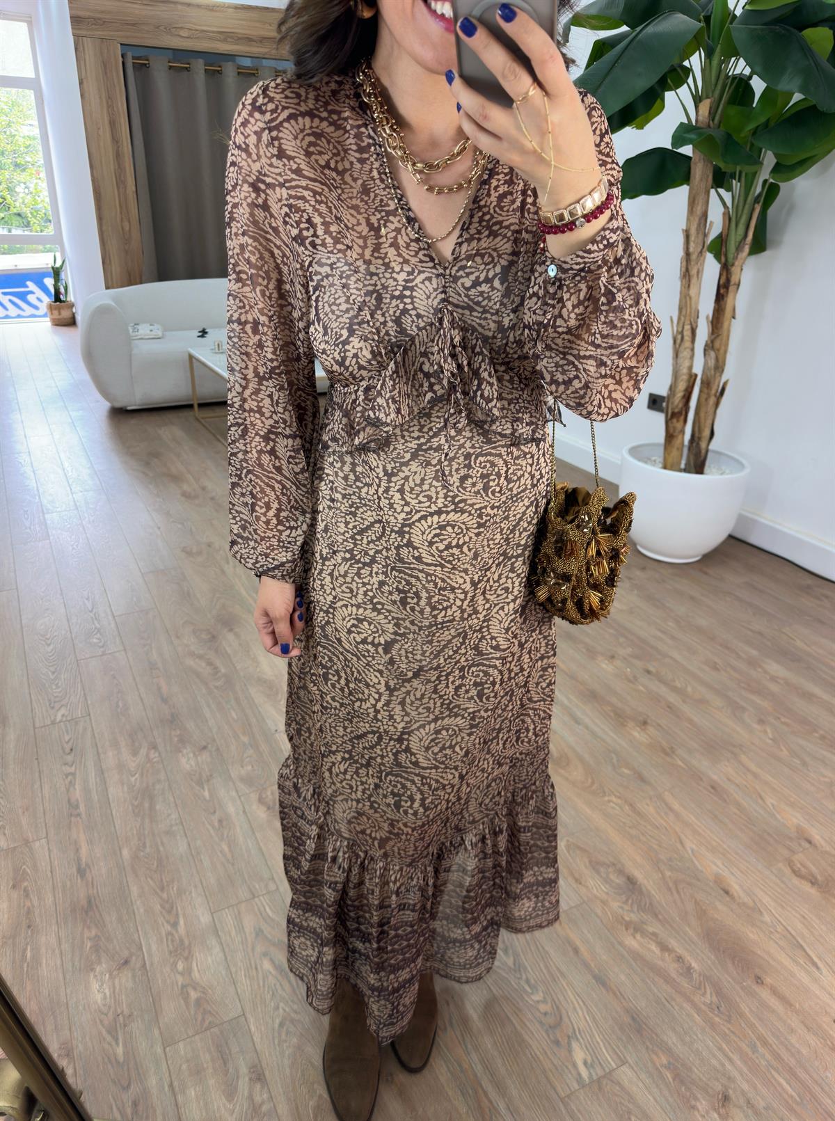 Fırfırlı Etnik Desenli Midi Tül Elbise