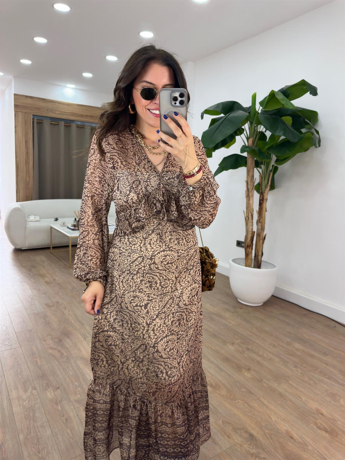 Fırfırlı Etnik Desenli Midi Tül Elbise