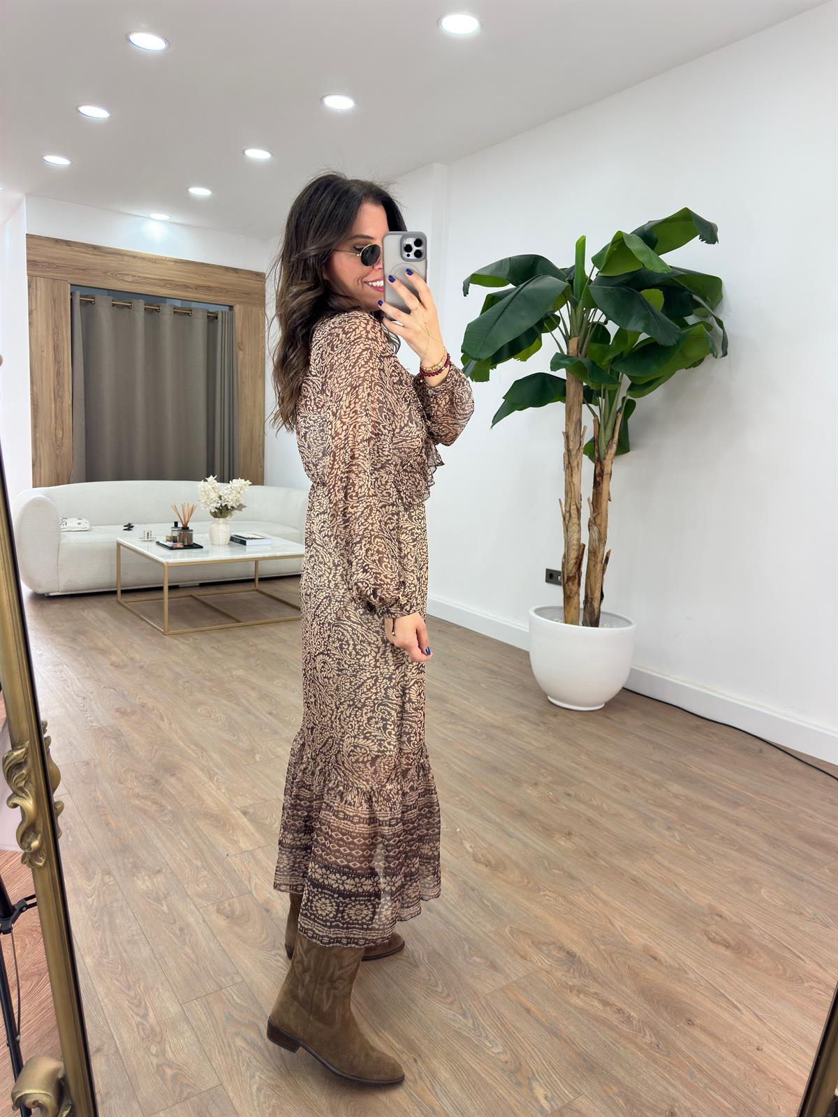 Fırfırlı Etnik Desenli Midi Tül Elbise