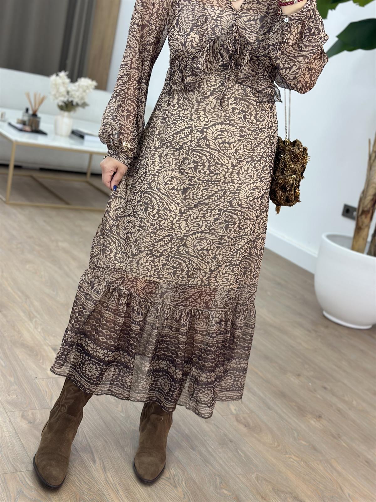 Fırfırlı Etnik Desenli Midi Tül Elbise