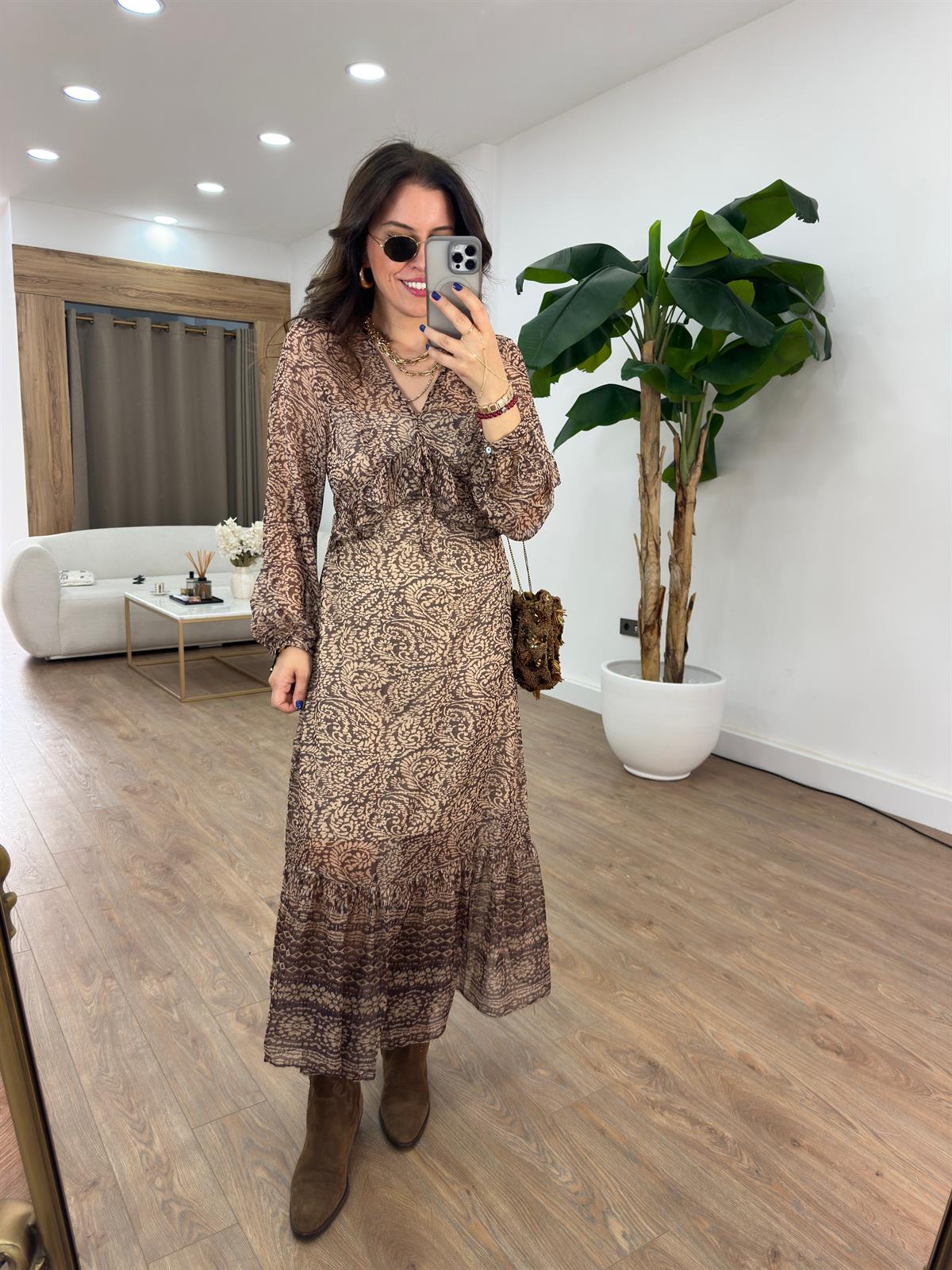 Fırfırlı Etnik Desenli Midi Tül Elbise