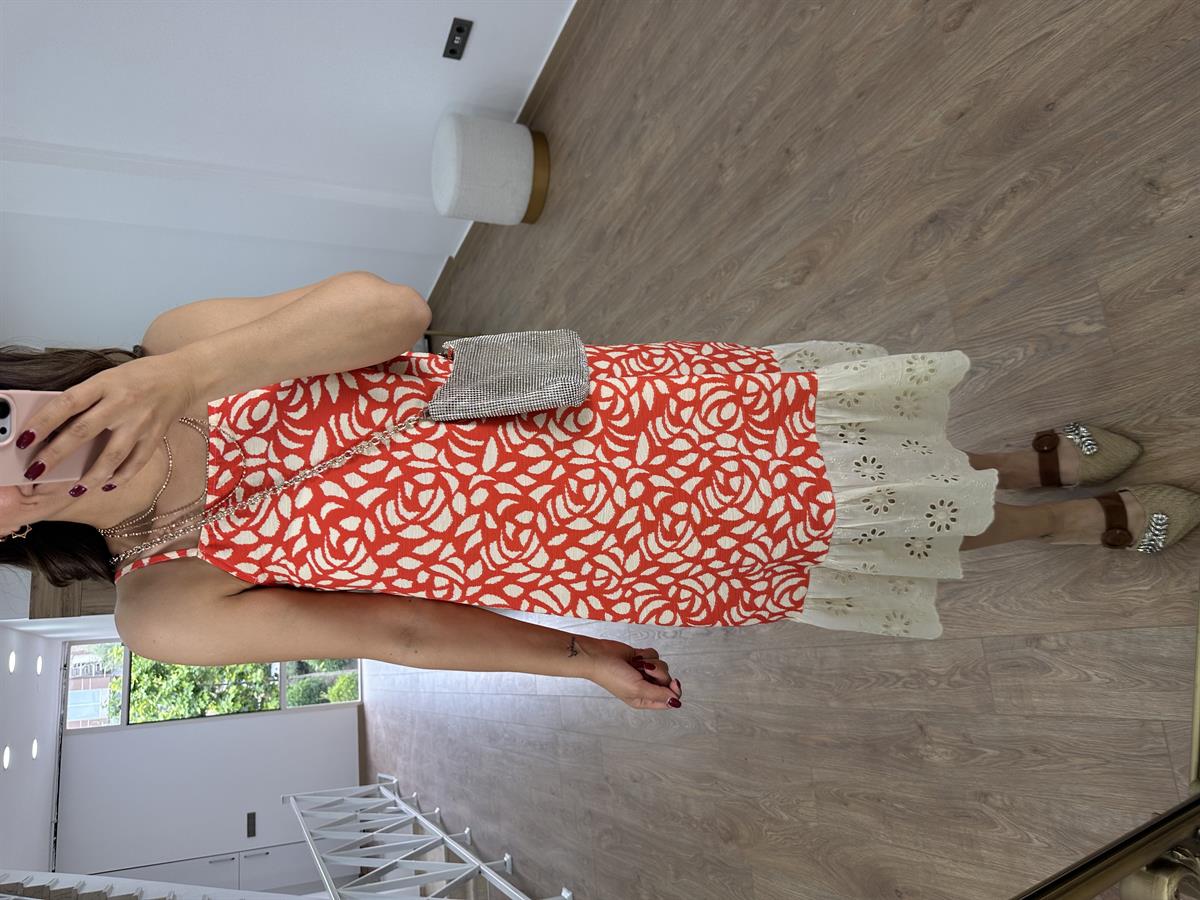 Fisto Detaylı Keten Elbise-Nar Çiçeği