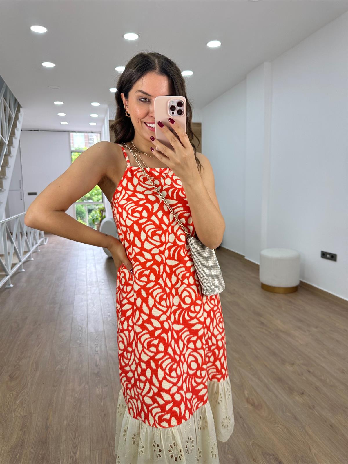 Fisto Detaylı Keten Elbise-Nar Çiçeği