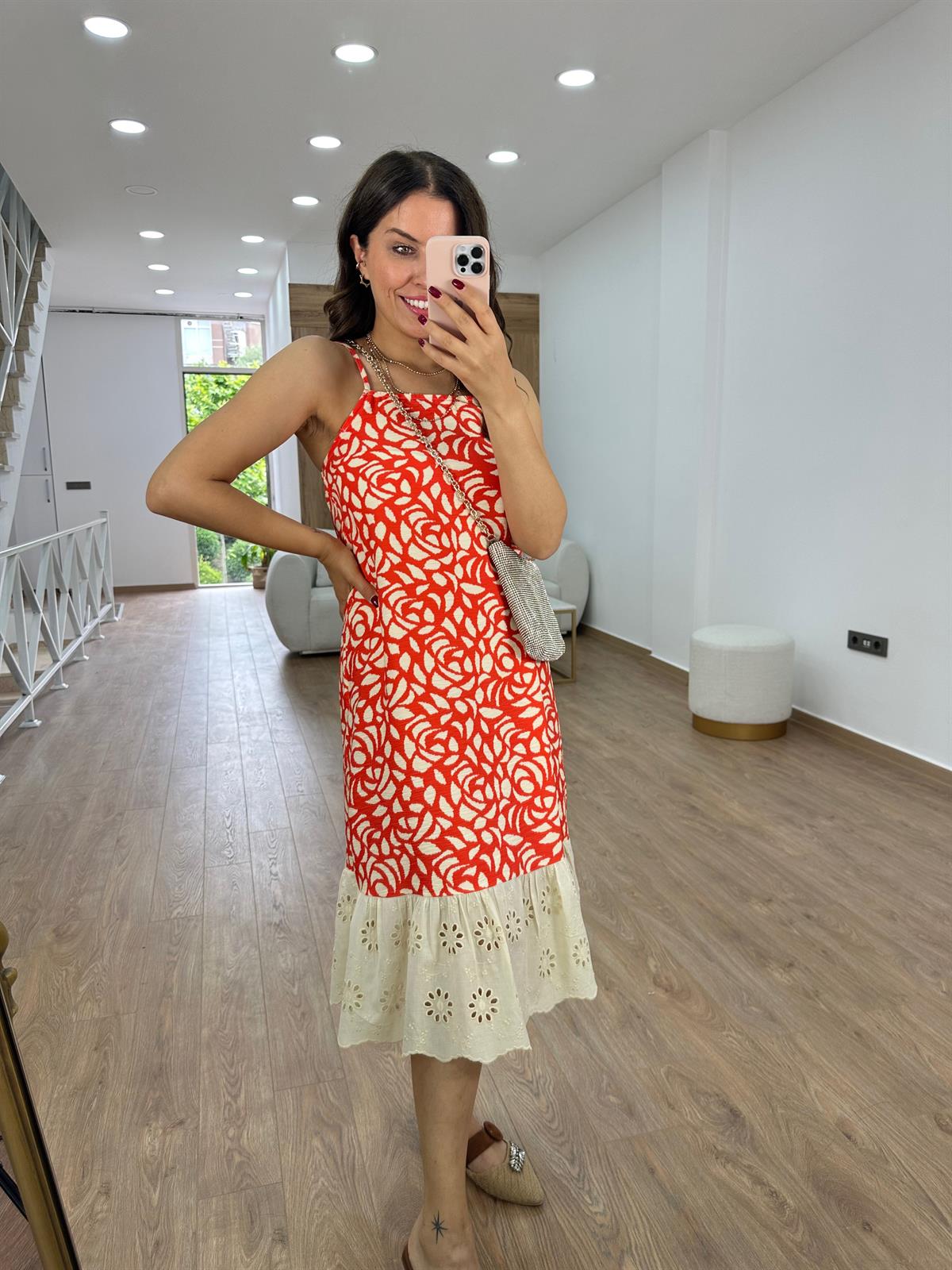 Fisto Detaylı Keten Elbise-Nar Çiçeği