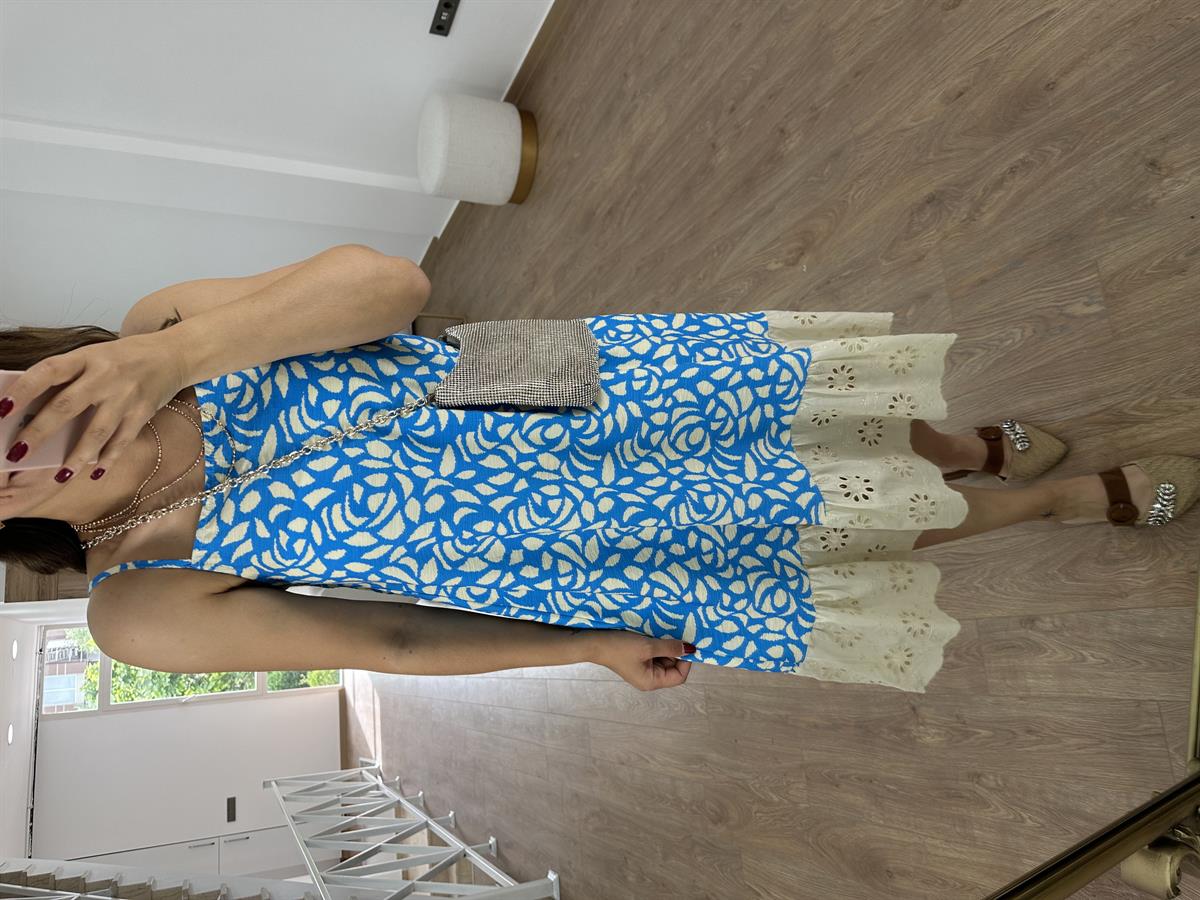 Fisto Detaylı Keten Elbise-Turkuaz