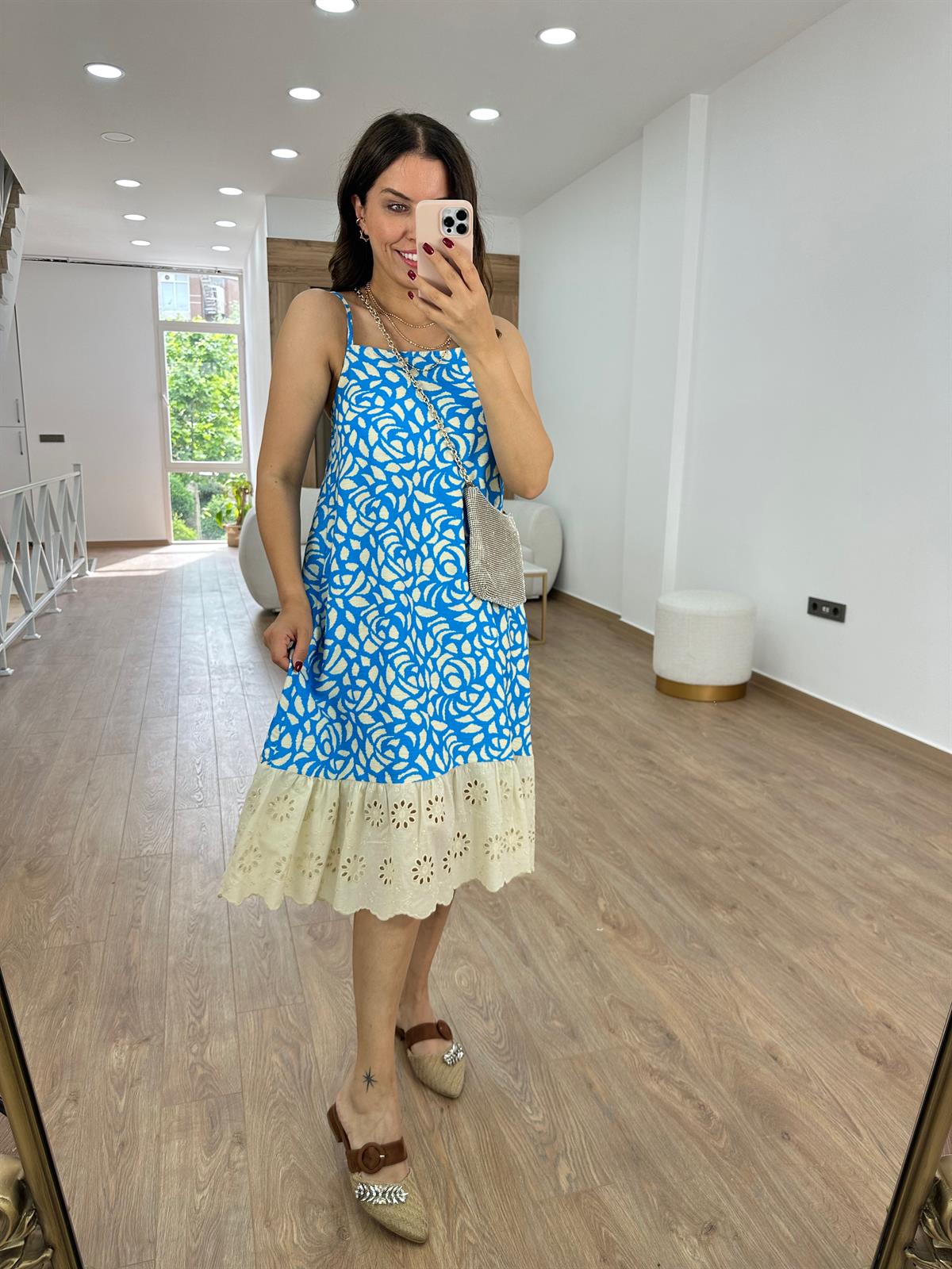 Fisto Detaylı Keten Elbise-Turkuaz