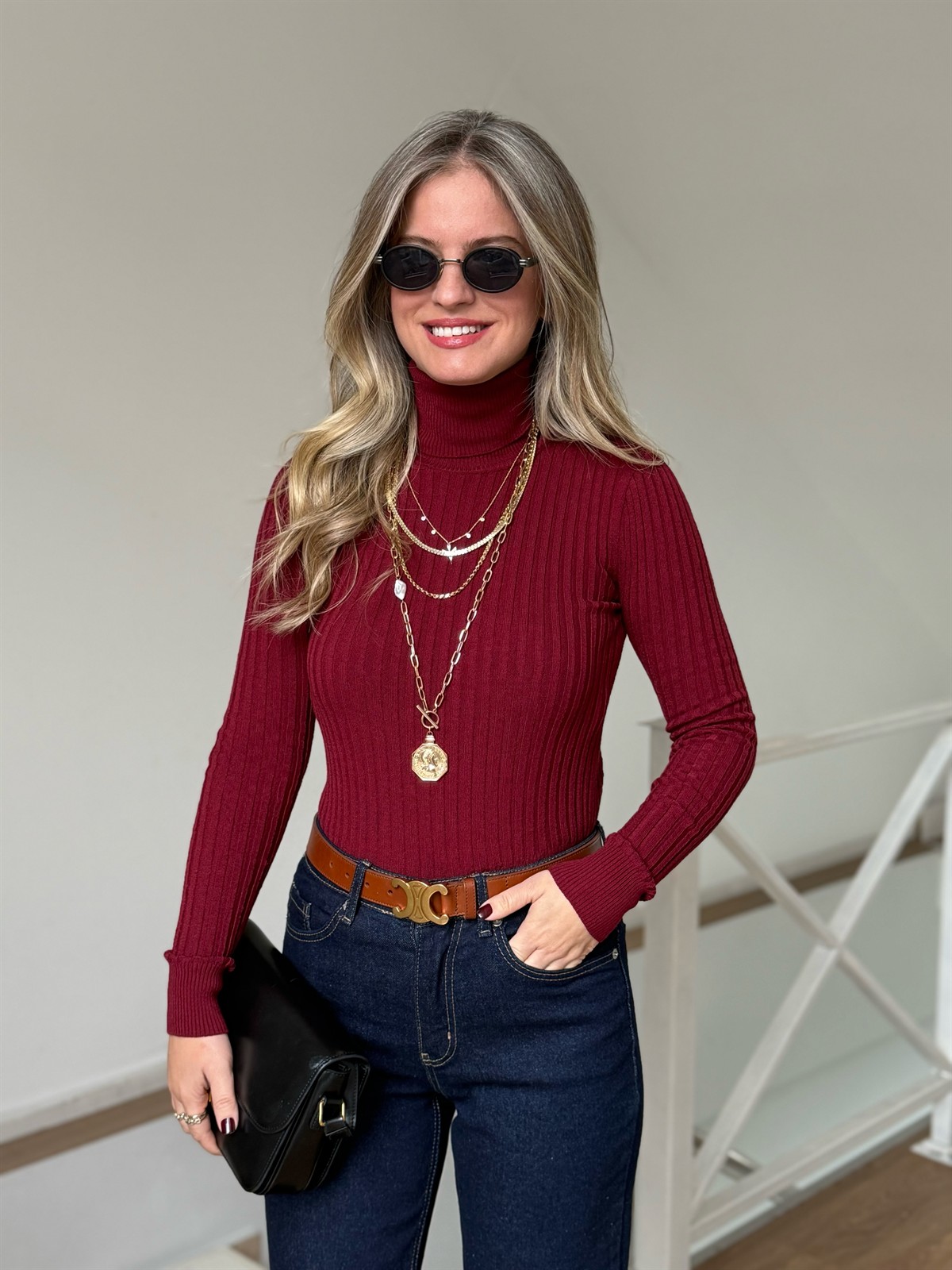 Fitilli Balıkçı Yaka Basic Kazak - Bordo