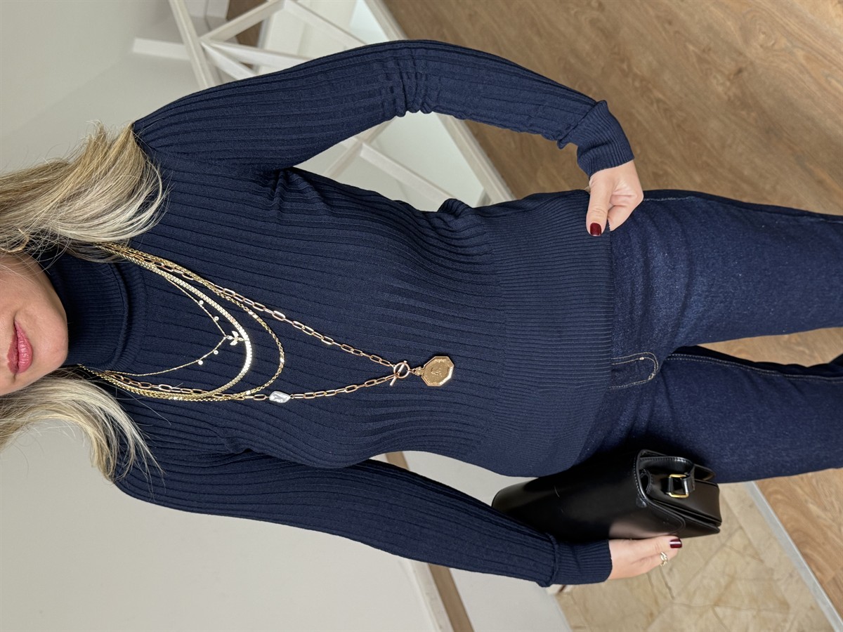 Fitilli Balıkçı Yaka Basic Kazak - Lacivert