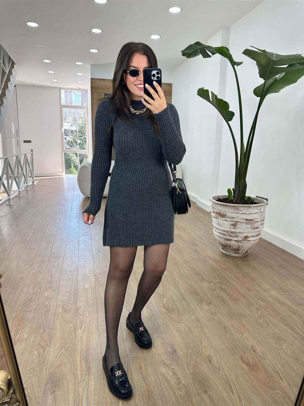 Fitilli Dokuda Triko Elbise-Antrasit