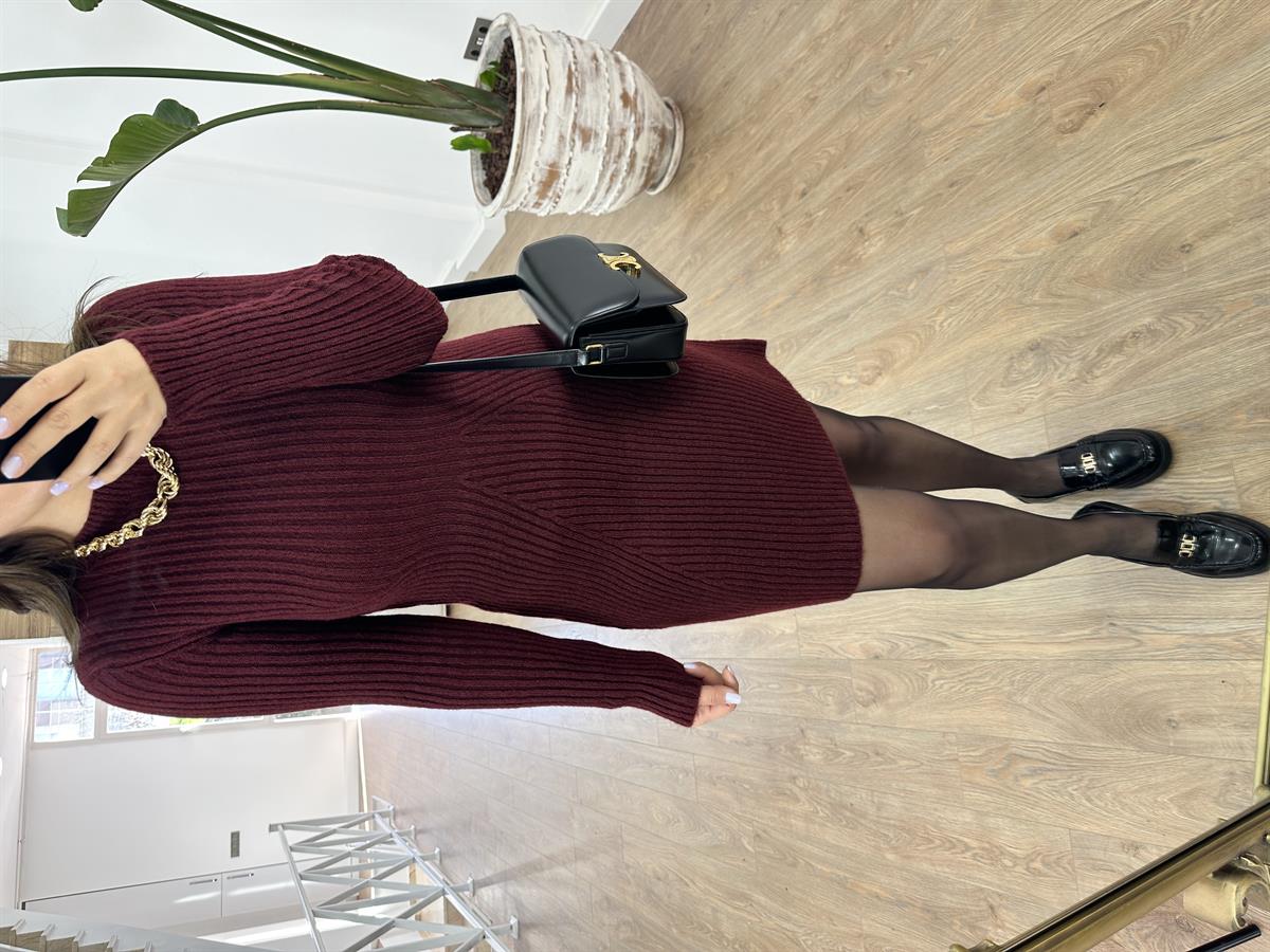 Fitilli Dokuda Triko Elbise-Bordo