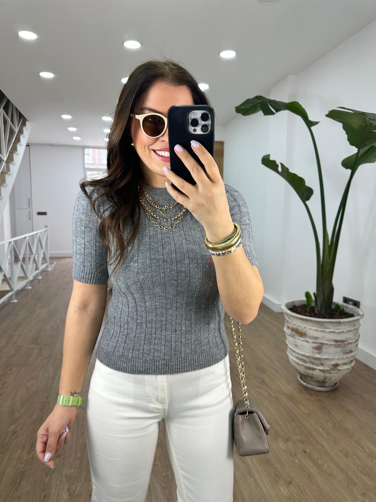 Fitilli Kısa Kol Kazak-Gri