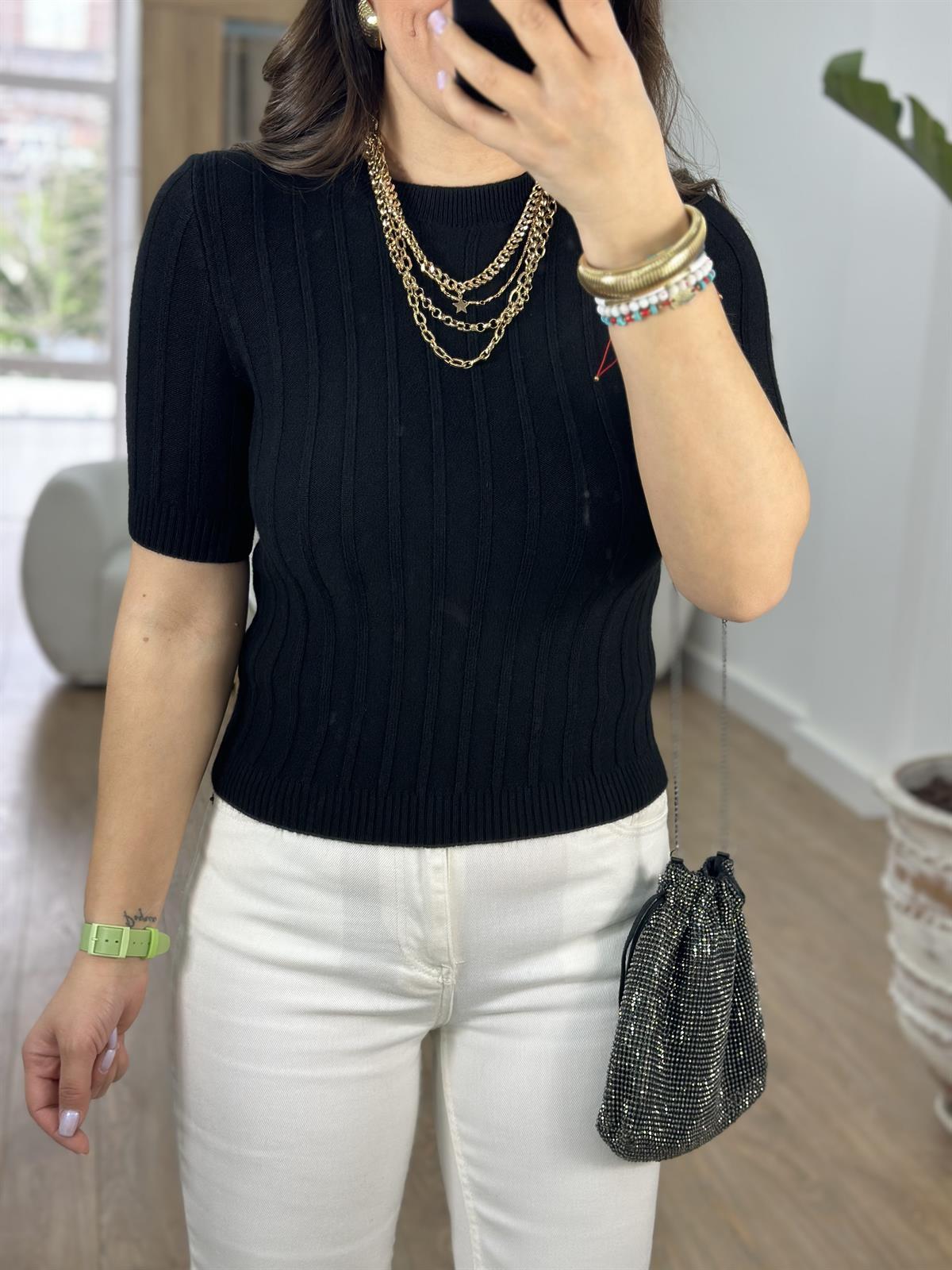 Fitilli Kısa Kol Kazak-Siyah