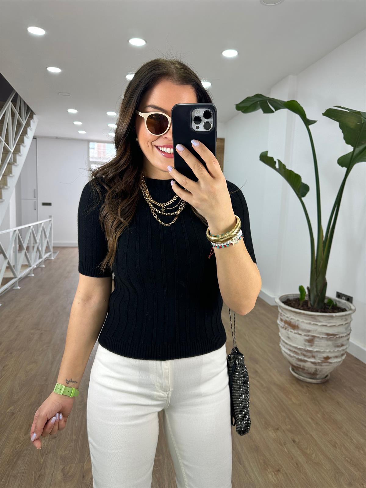 Fitilli Kısa Kol Kazak-Siyah