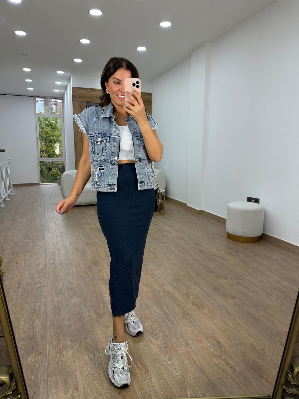 Fitilli Yanı Yırtmaçlı Etek-Füme