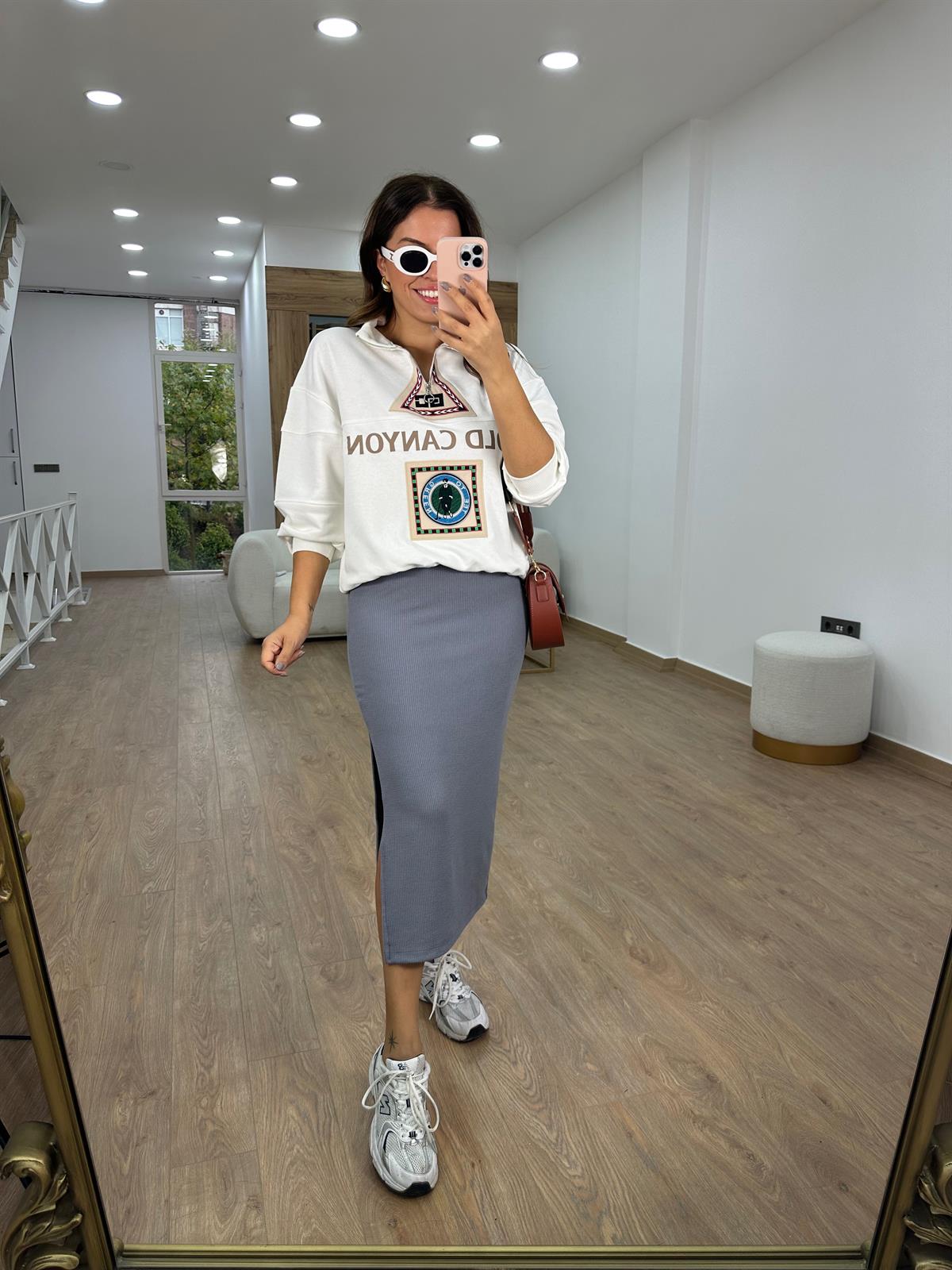 Fitilli Yanı Yırtmaçlı Etek-Gri