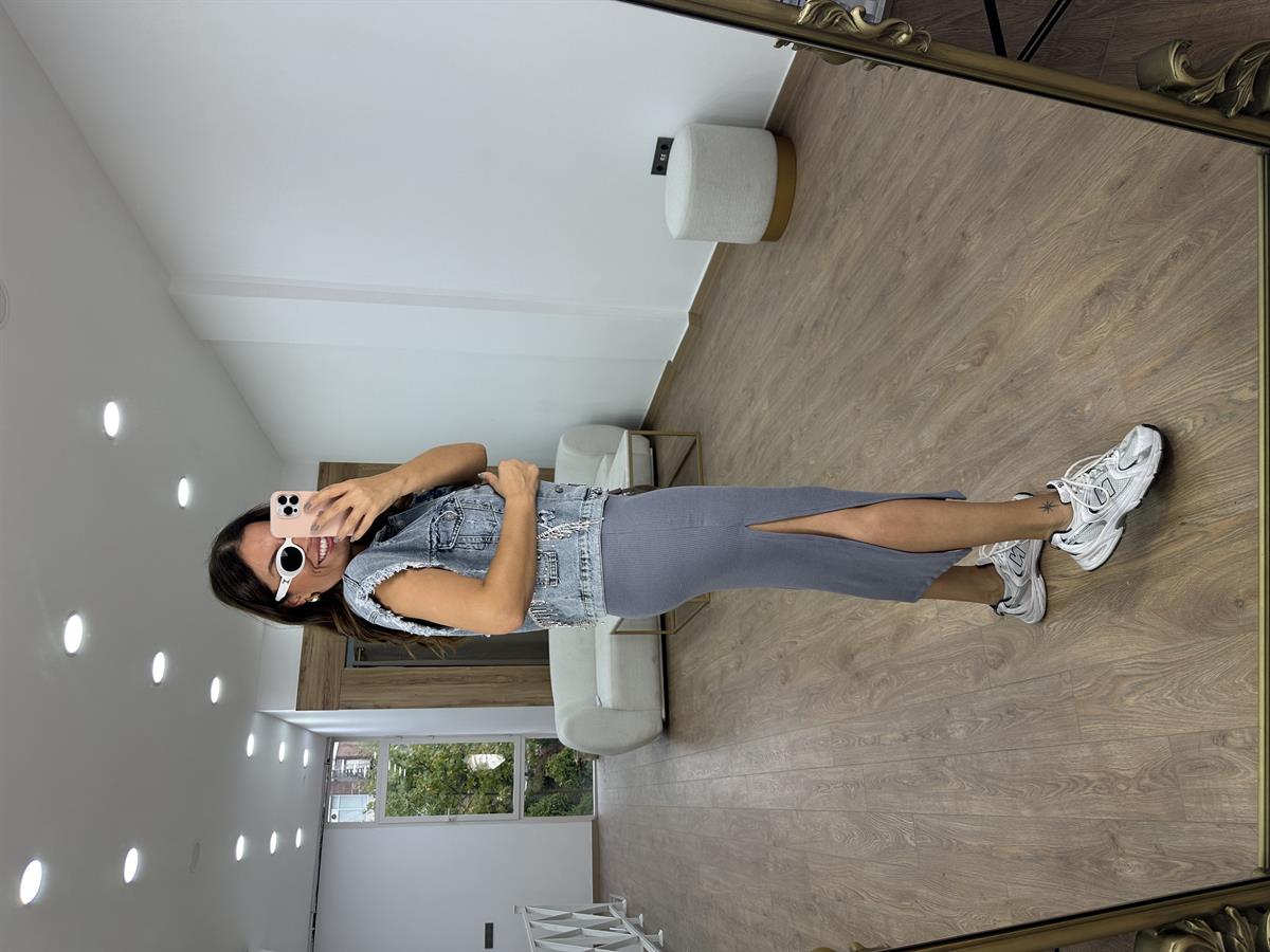 Fitilli Yanı Yırtmaçlı Etek-Gri