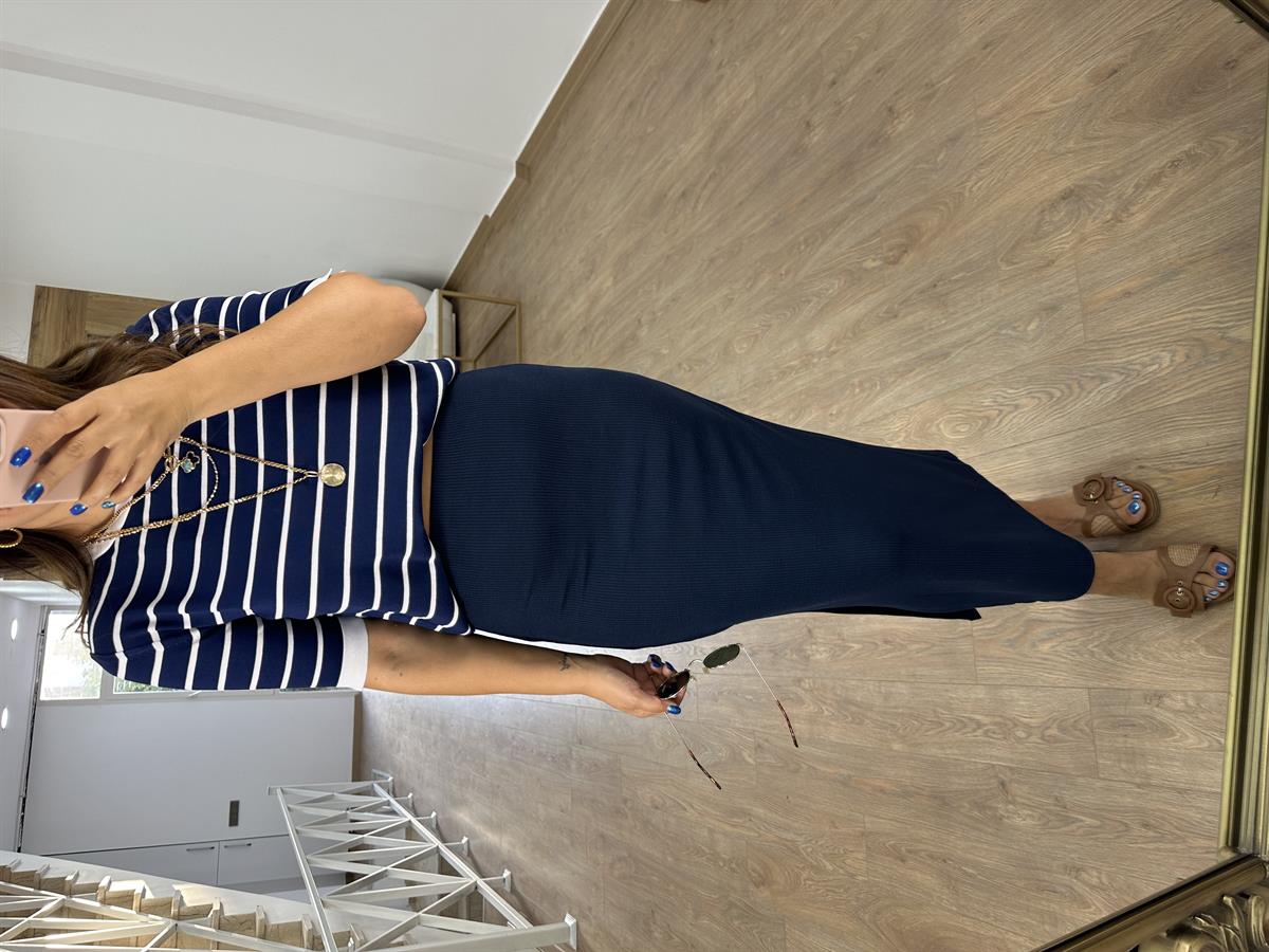 Fitilli Yanı Yırtmaçlı Etek-Lacivert