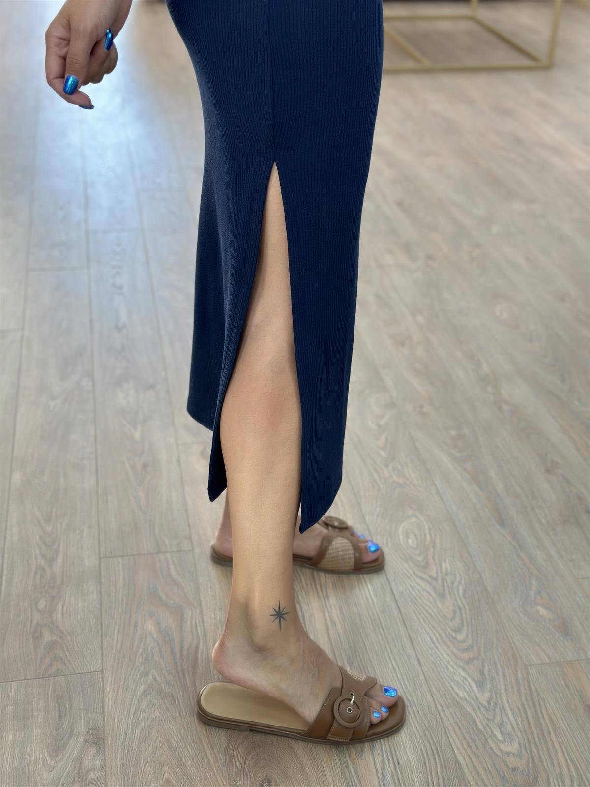 Fitilli Yanı Yırtmaçlı Etek-Lacivert