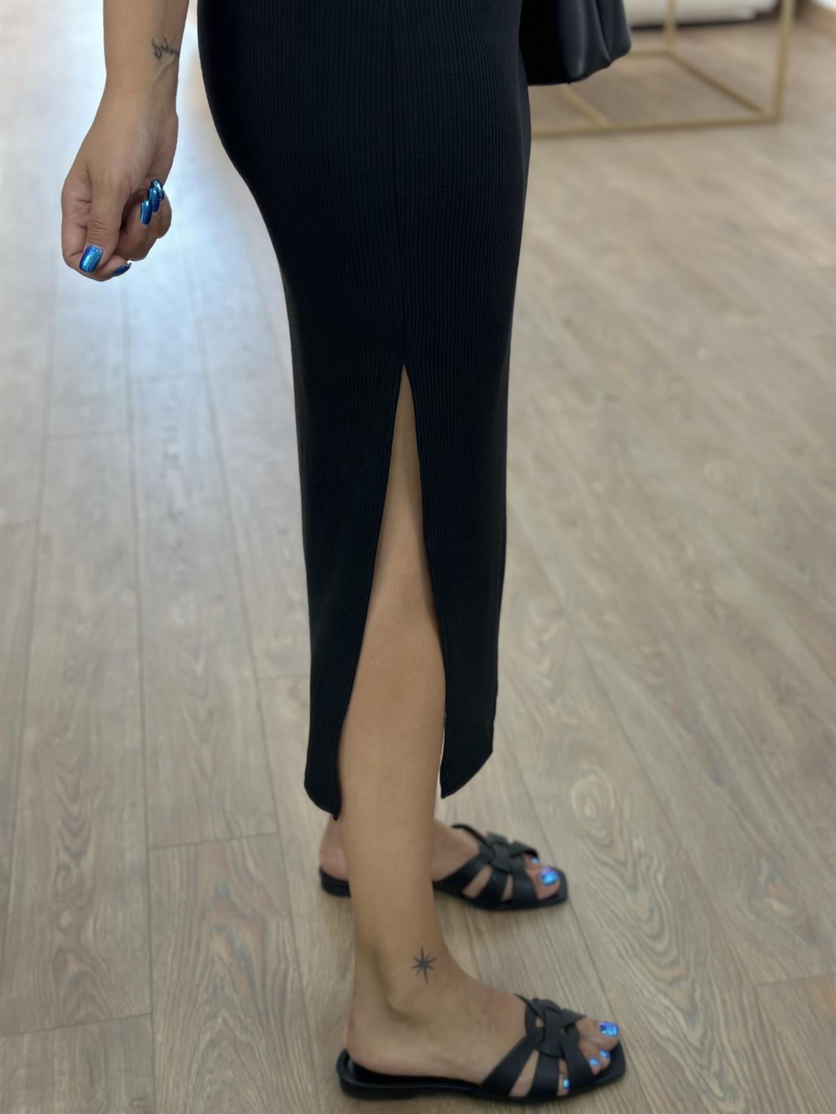 Fitilli Yanı Yırtmaçlı Etek-Siyah