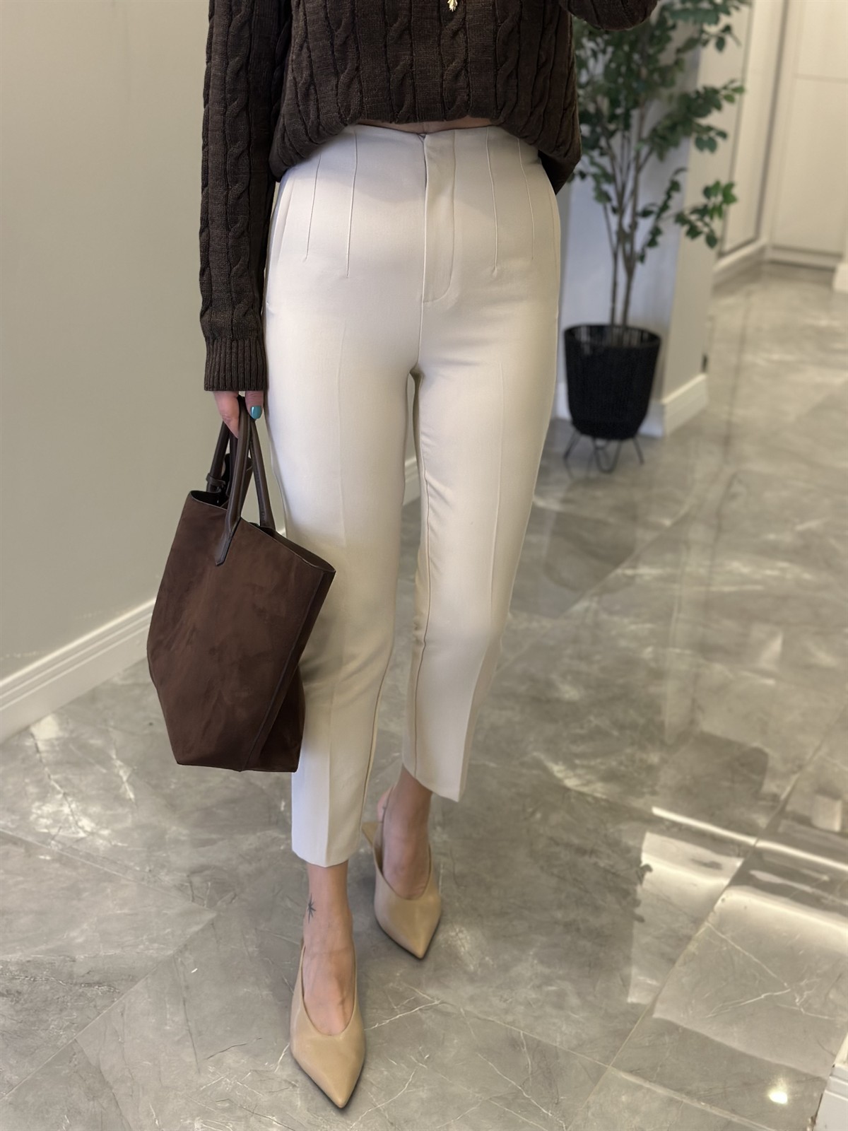 Flatolu Havuç Pantolon - Taş