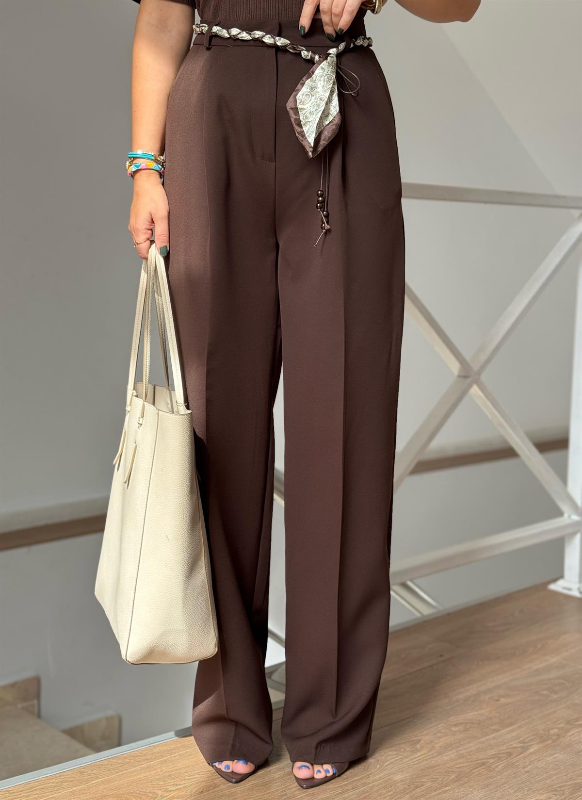 Fular Kemerli Palazzo Pantolon - Kahverengi