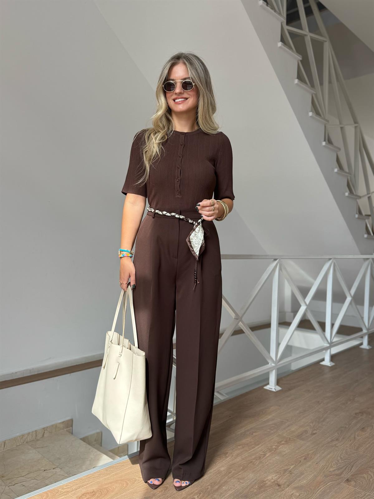 Fular Kemerli Palazzo Pantolon - Kahverengi