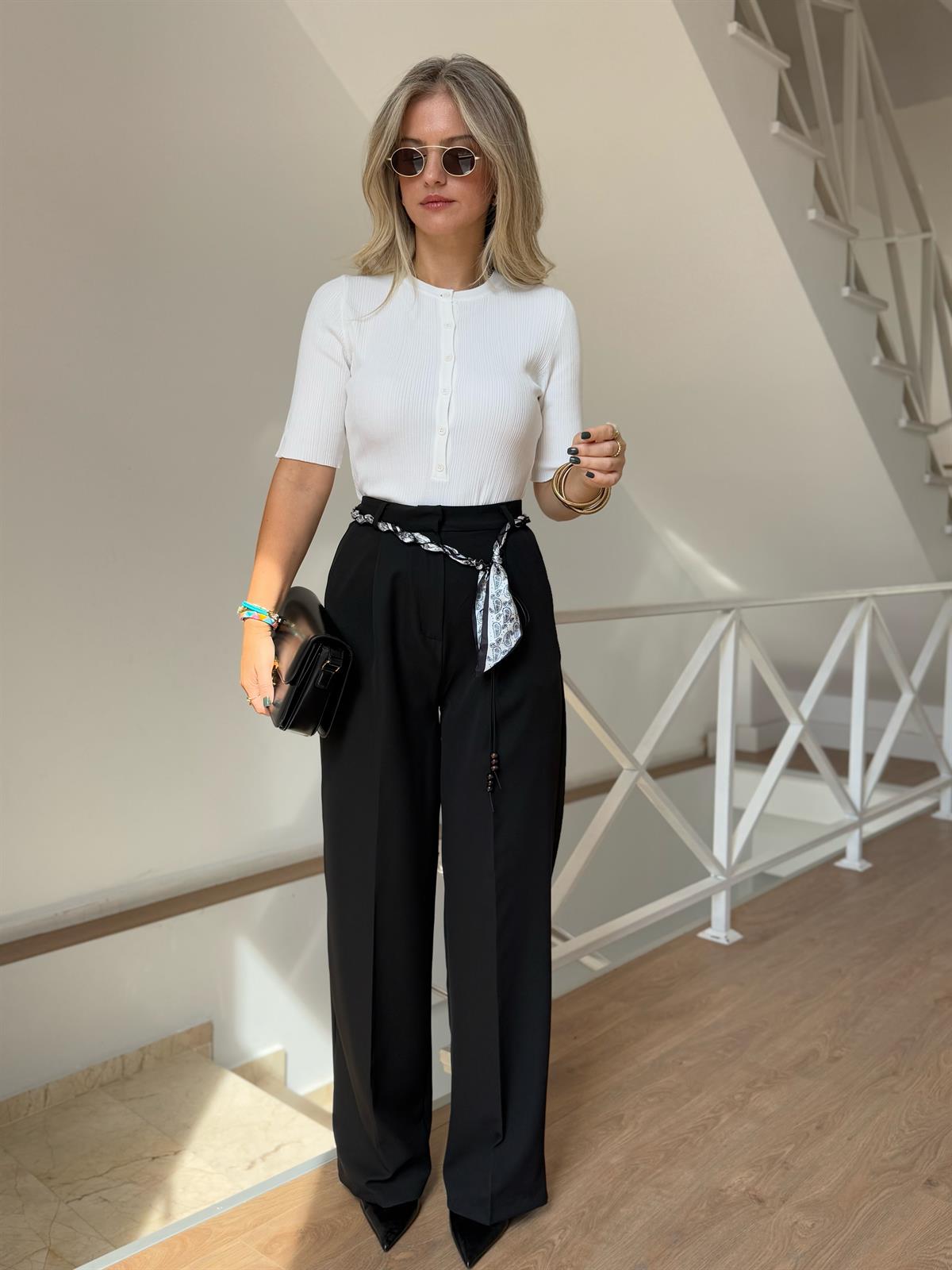 Fular Kemerli Palazzo Pantolon - Siyah