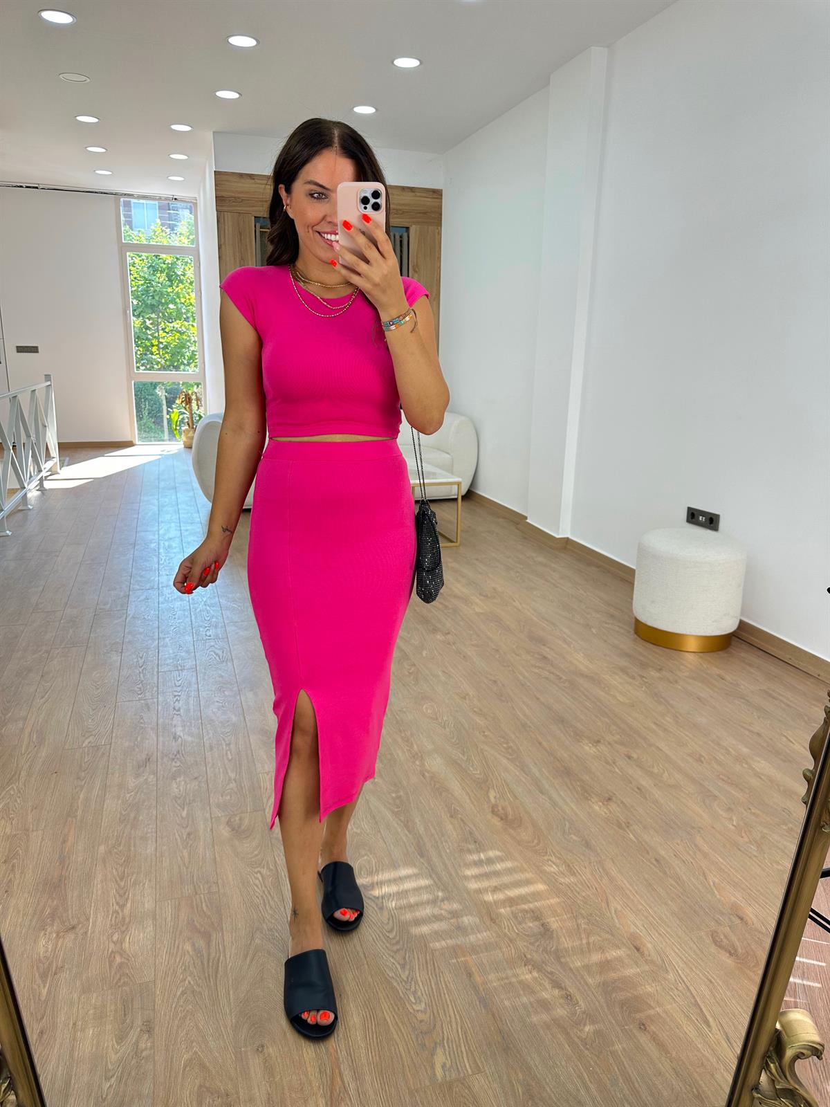 Full Likralı Etek Crop Takım-Pembe