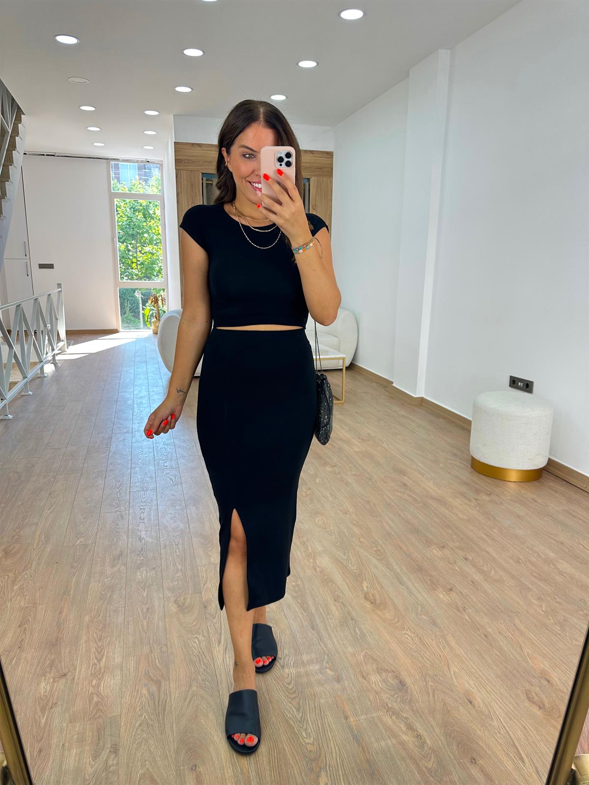 Full Likralı Etek Crop Takım-Siyah