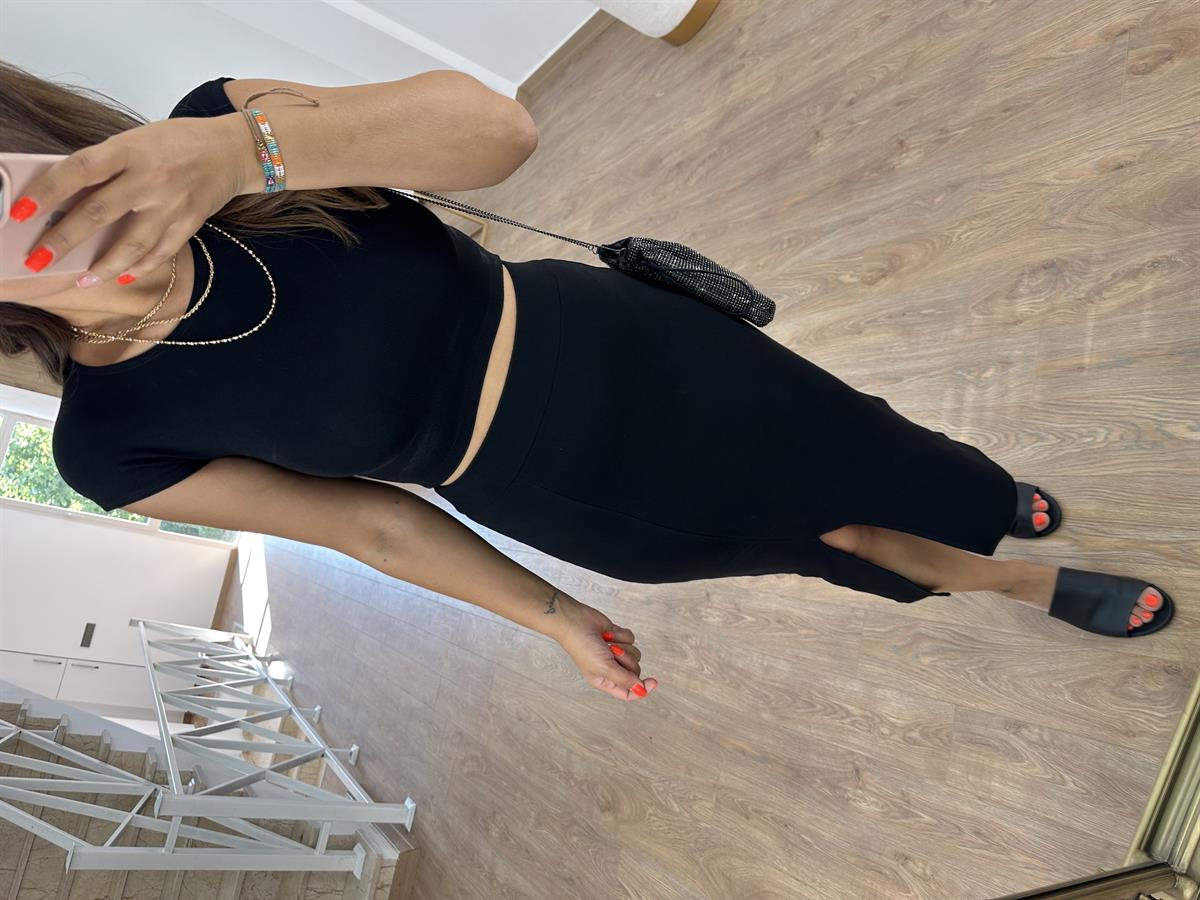 Full Likralı Etek Crop Takım-Siyah