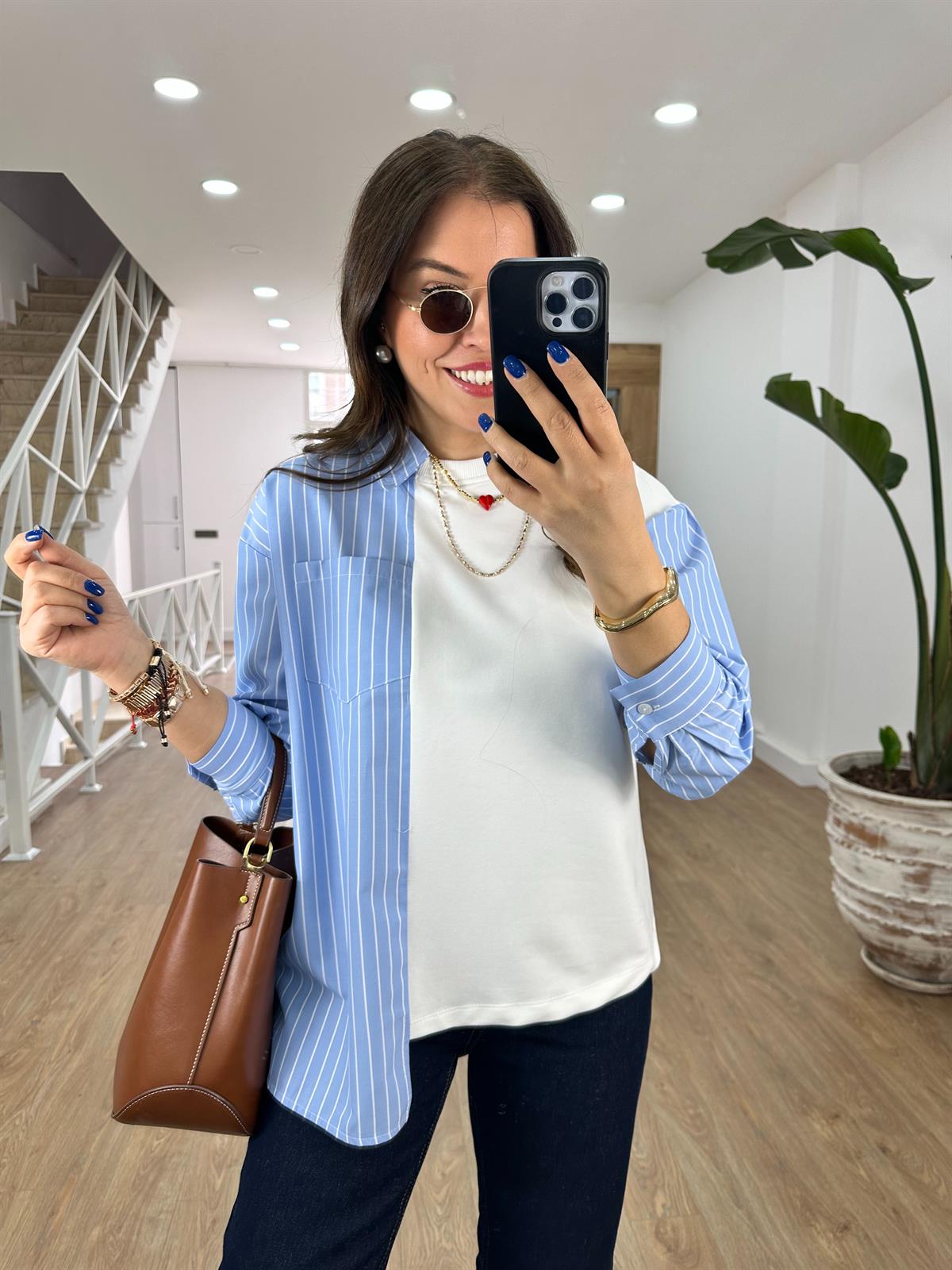 Garnili Poplin Gömlek-Mavi