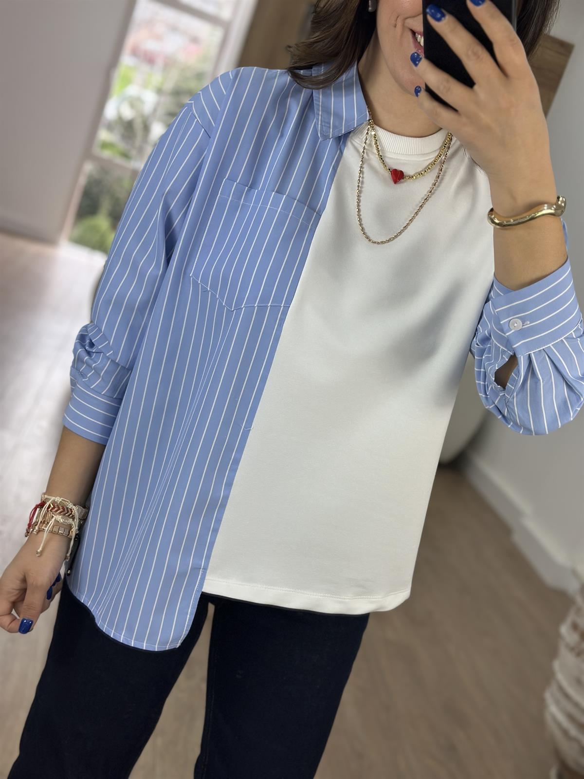 Garnili Poplin Gömlek-Mavi