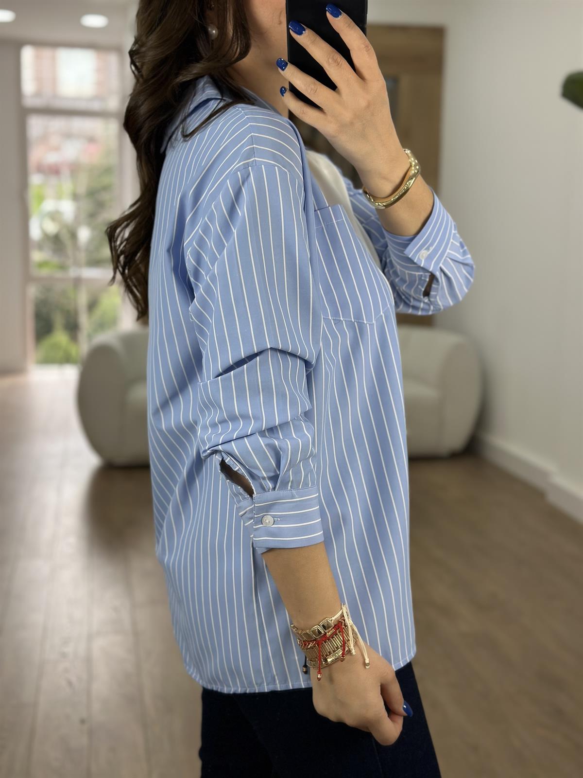 Garnili Poplin Gömlek-Mavi