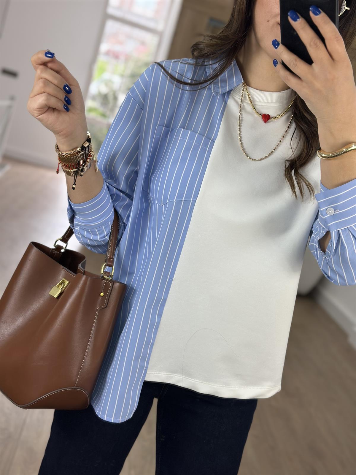 Garnili Poplin Gömlek-Mavi