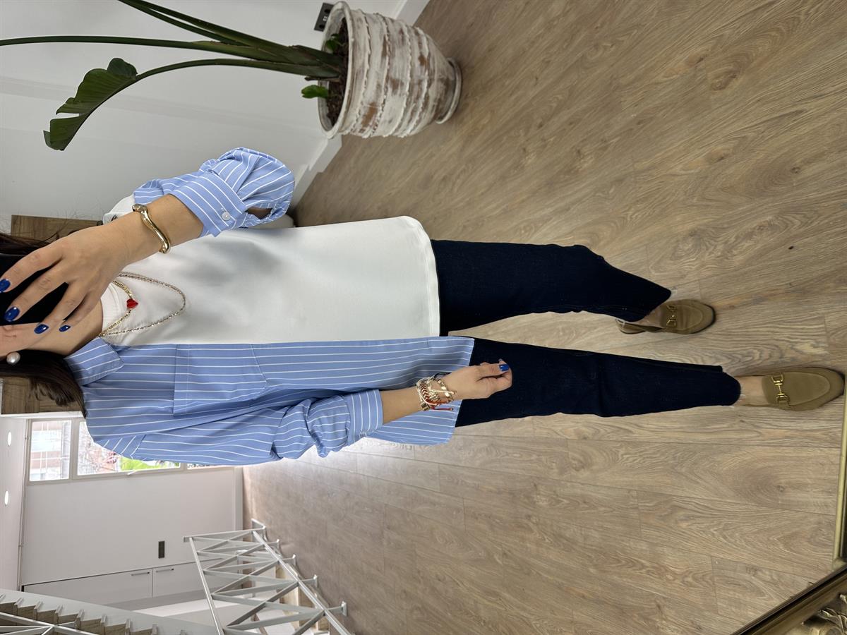 Garnili Poplin Gömlek-Mavi