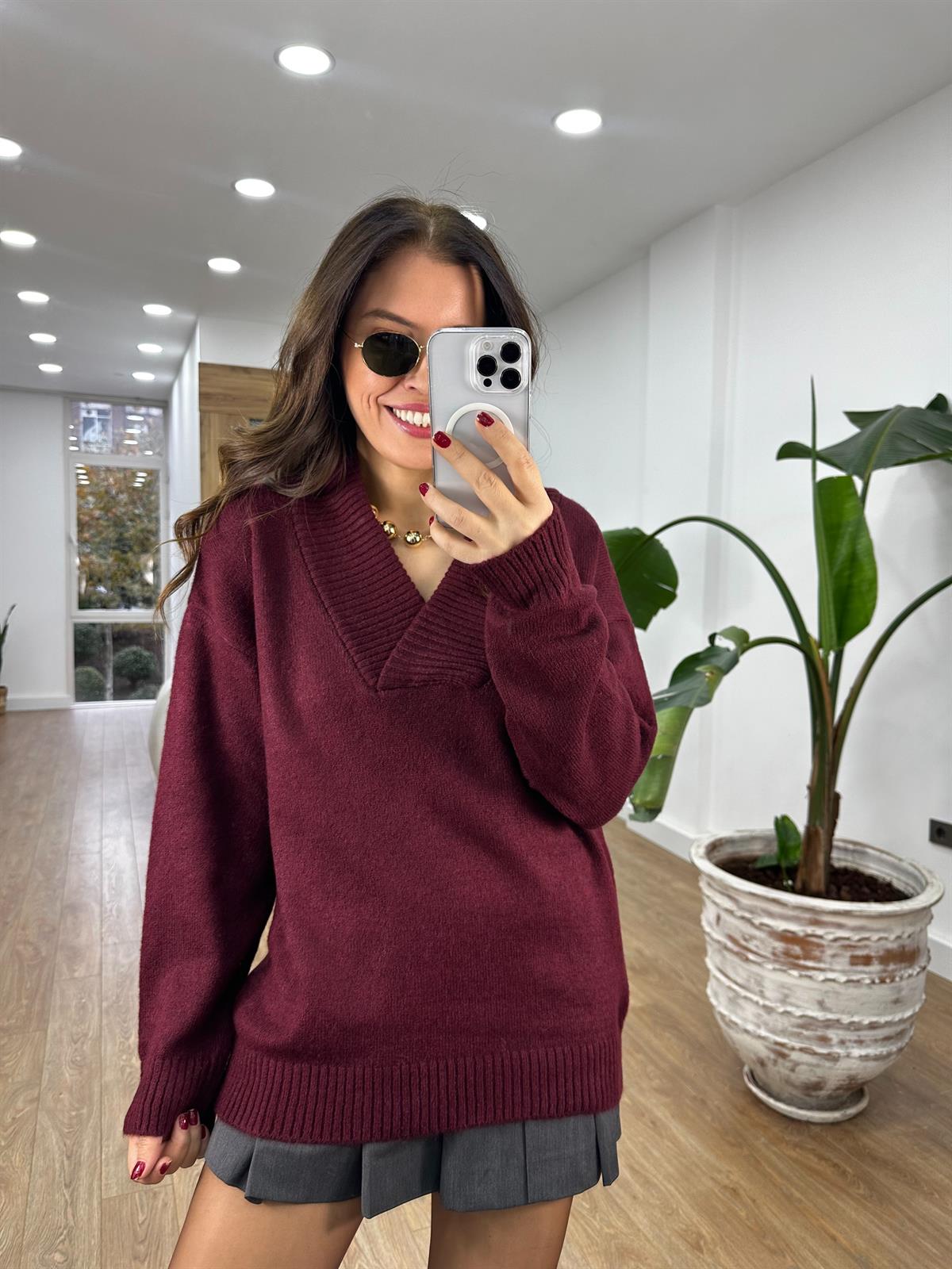 Geniş Yaka Triko Kazak - Bordo