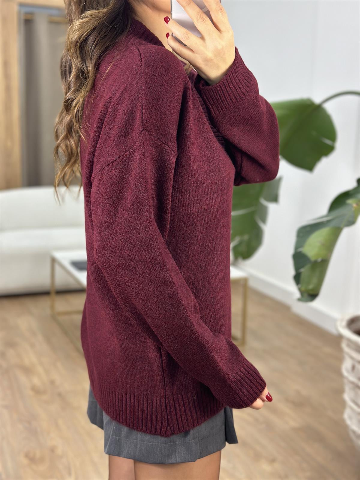 Geniş Yaka Triko Kazak - Bordo