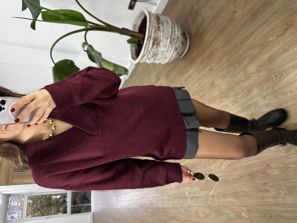 Geniş Yaka Triko Kazak - Bordo