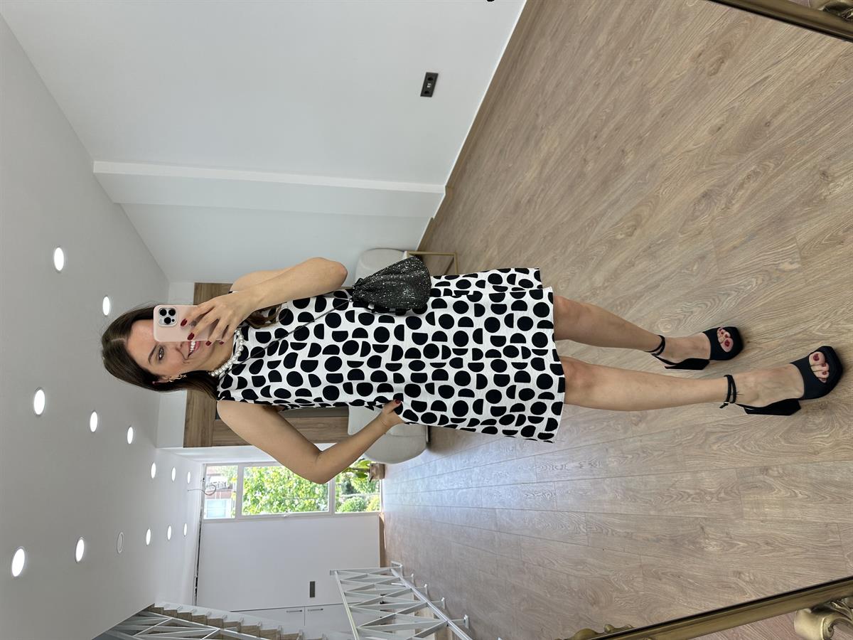 Geometrik Desen Çan Elbise-Ekru