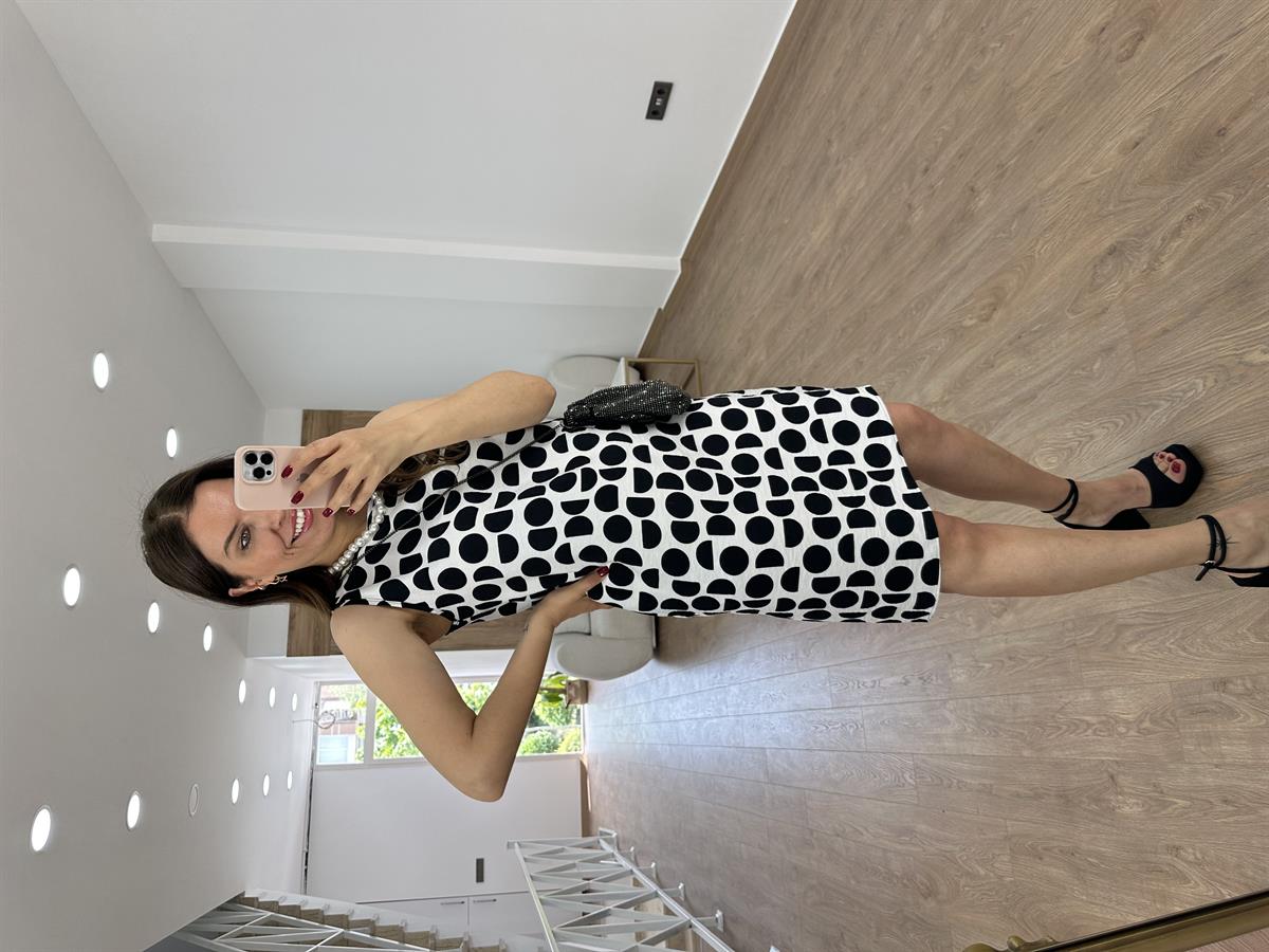 Geometrik Desen Çan Elbise-Ekru