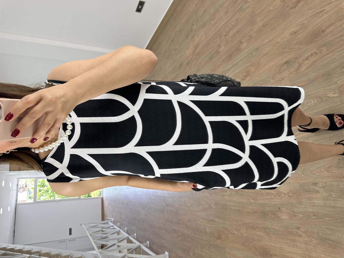 Geometrik Desen Çan Elbise-Siyah