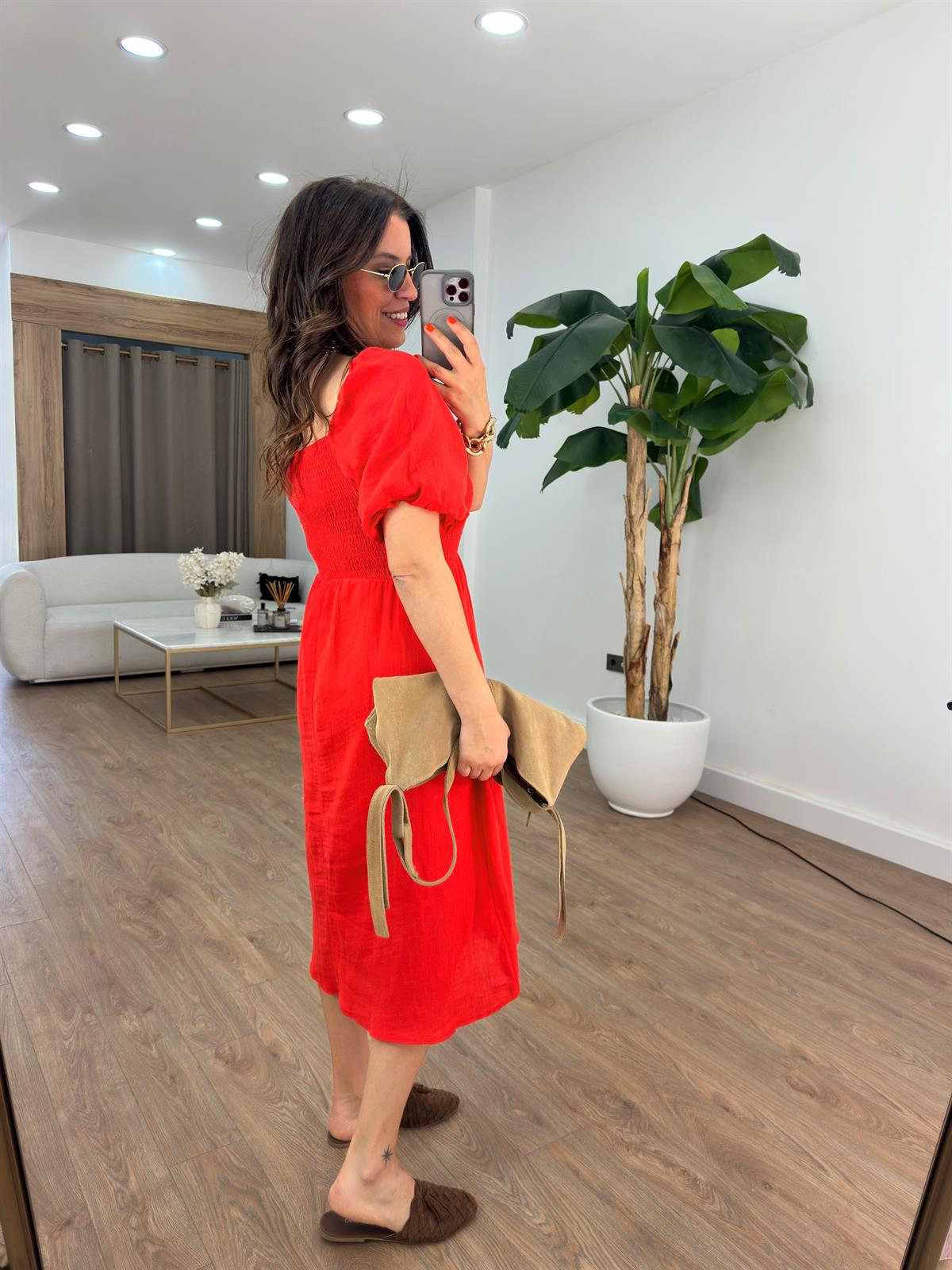 Gipeli Balon Kol Midi Elbise - Kırmızı 